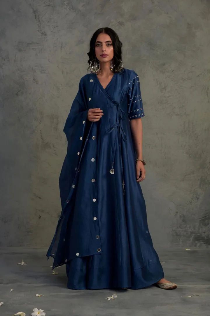 Sapphire Blue Chanderi Angrakha Wrap With Jogger