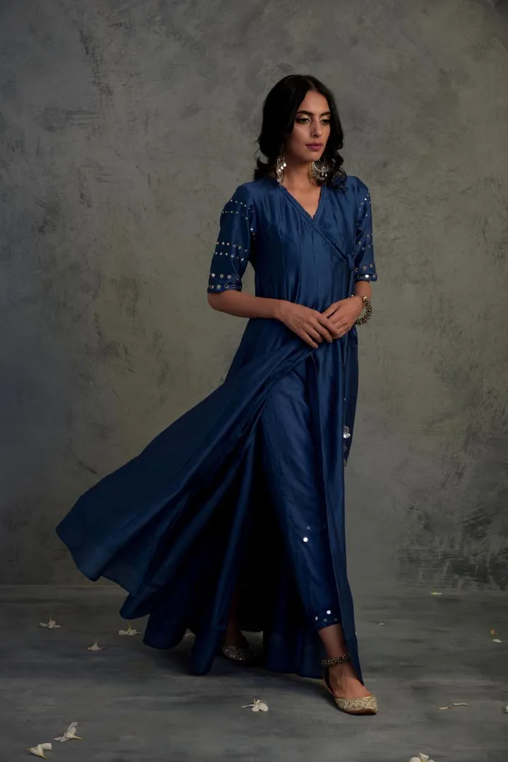 Sapphire Blue Chanderi Angrakha Wrap With Jogger