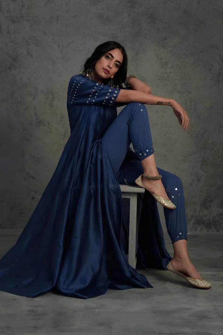 Sapphire Blue Chanderi Angrakha Wrap With Jogger