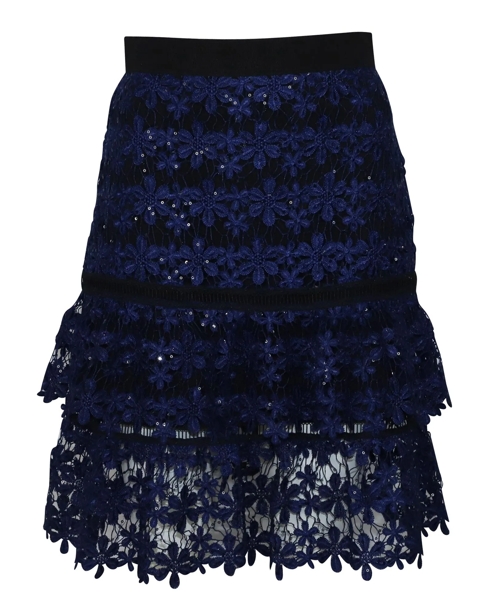 Self-Portrait Floral Lace Flounce Skirt in Blue Polyester