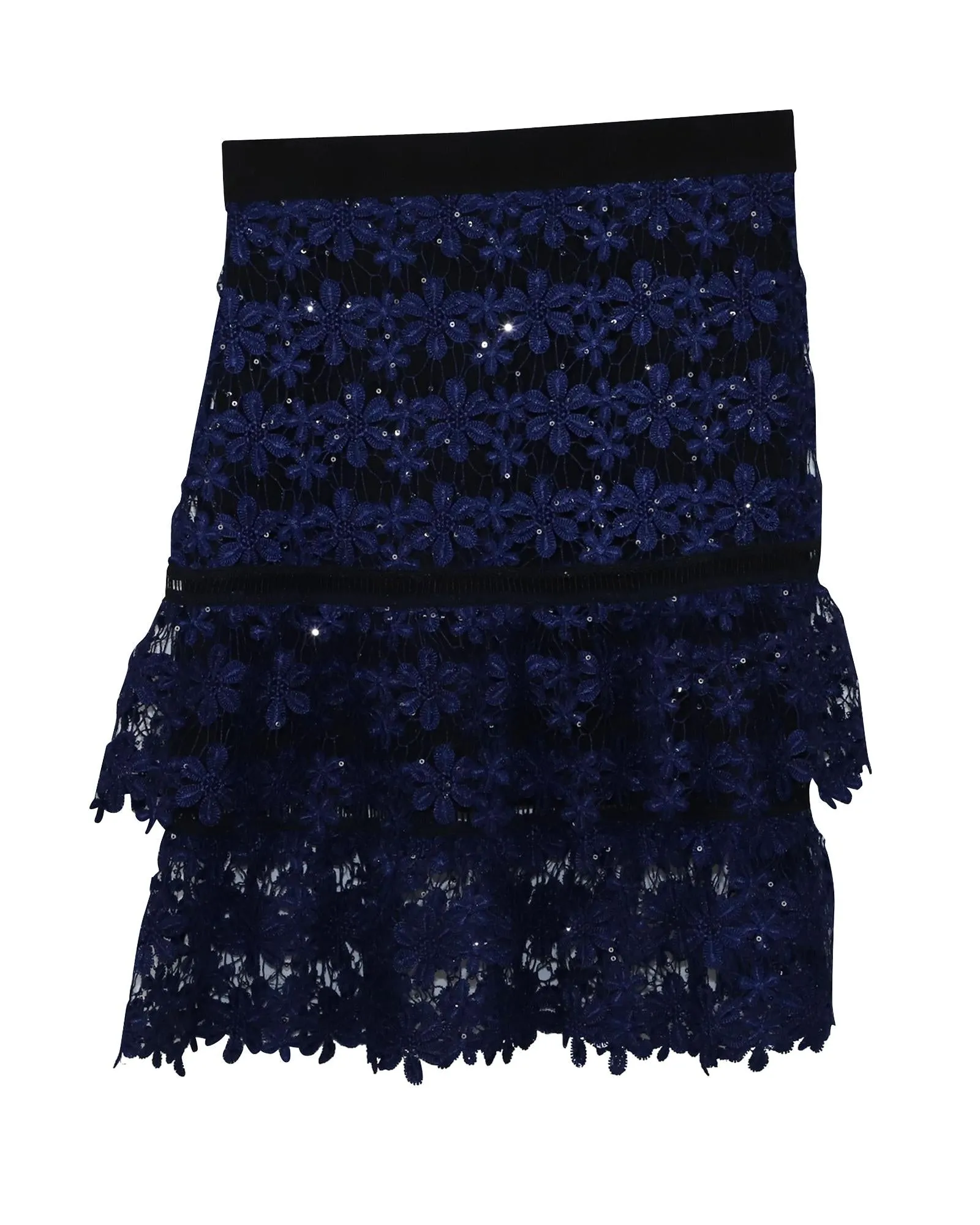 Self-Portrait Floral Lace Flounce Skirt in Blue Polyester