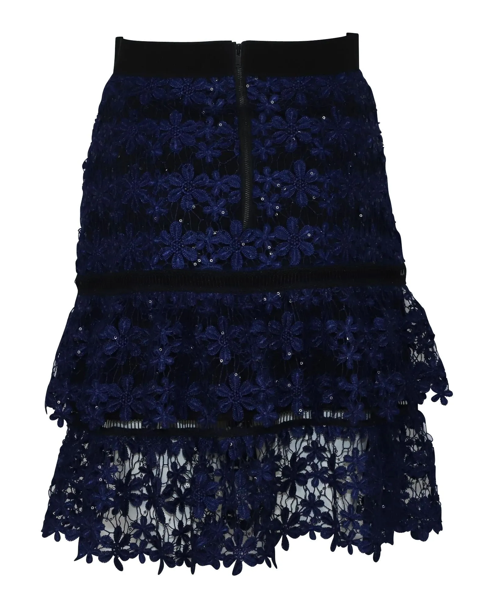 Self-Portrait Floral Lace Flounce Skirt in Blue Polyester