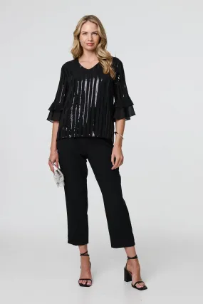 Sequin Stripe Ruffled 3/4 Sleeve Blouse