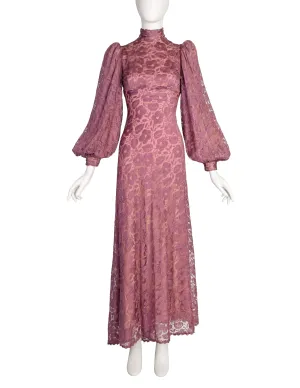 Stavropoulos Vintage 1970s Purple Mauve Lace Empire Waist Bishop Sleeve Dress