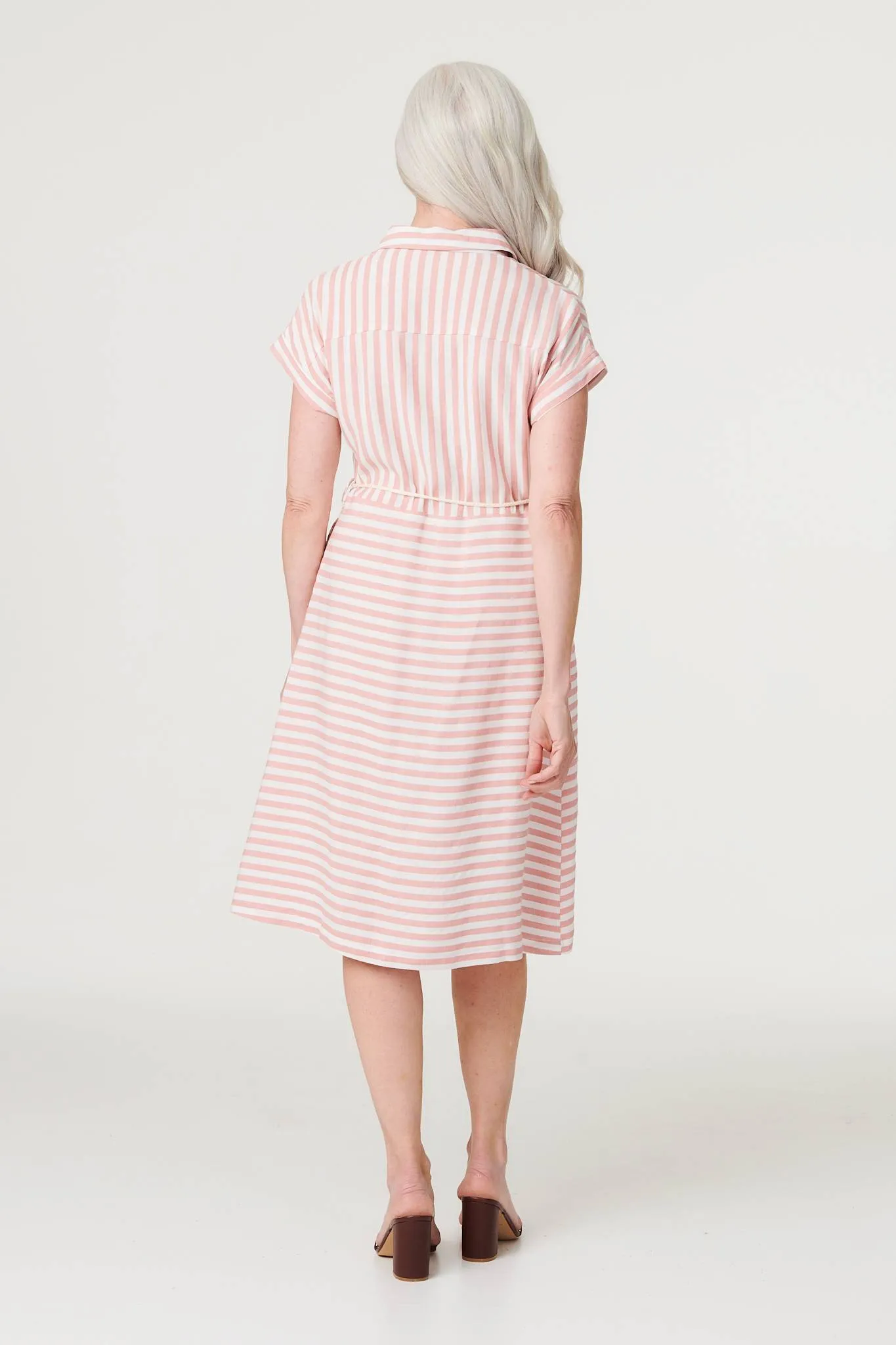 Striped Tie Waist Knee Length Dress