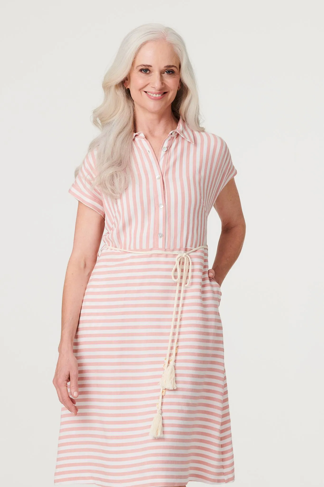 Striped Tie Waist Knee Length Dress