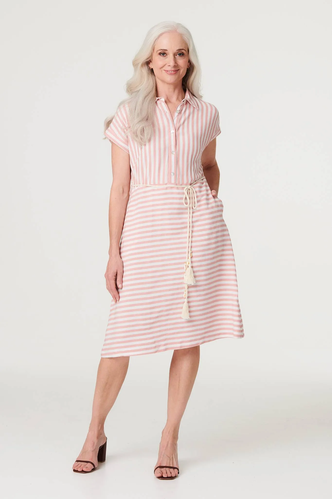 Striped Tie Waist Knee Length Dress