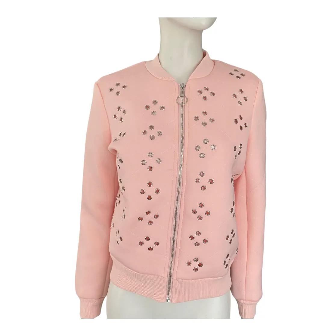 Studded Eyelet Quilted Bomber Jacket Pink SIZE M