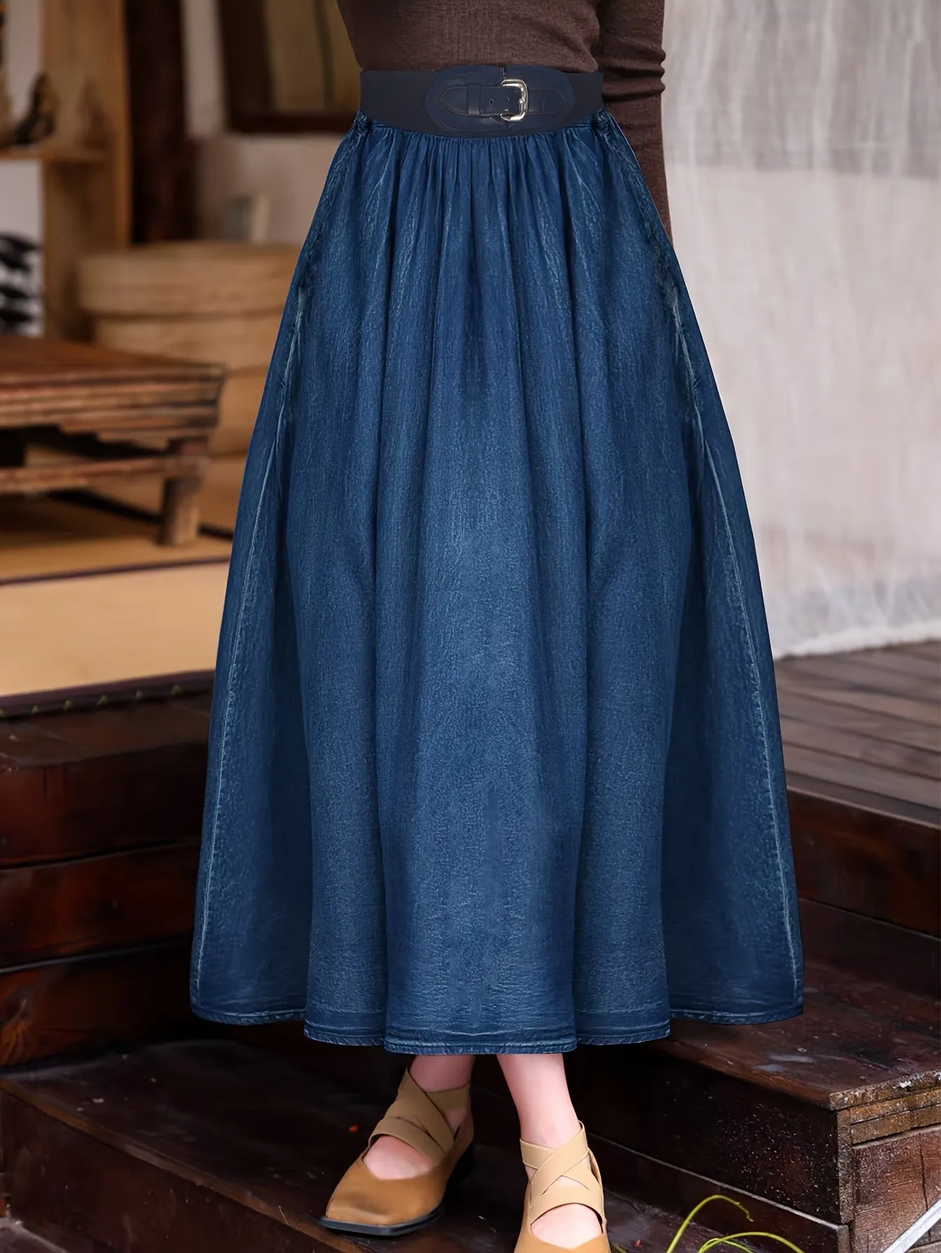 Stylish High-Waisted Midi Denim Skirt - Comfortable, Fashionable, and Versatile - Perfect for Everyday Wear, Casual Outings, and Work Events