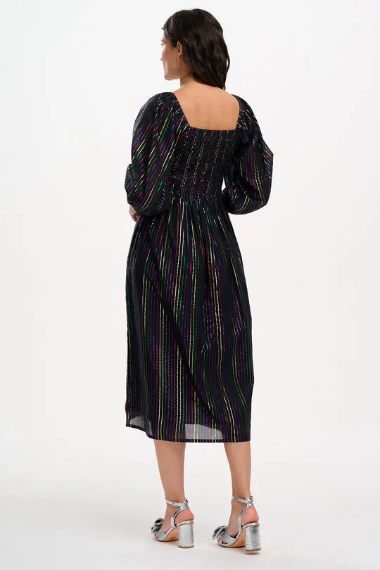 Sugarhill Brighton Black Metallic Rainbow Stripe Lillian Shirred Midi Dress