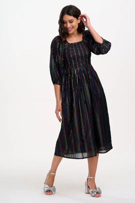 Sugarhill Brighton Black Metallic Rainbow Stripe Lillian Shirred Midi Dress