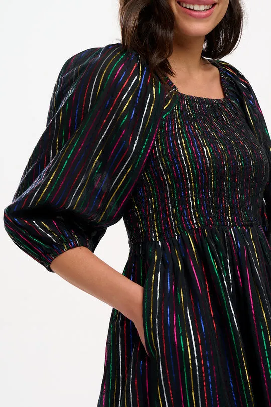 Sugarhill Brighton Black Metallic Rainbow Stripe Lillian Shirred Midi Dress