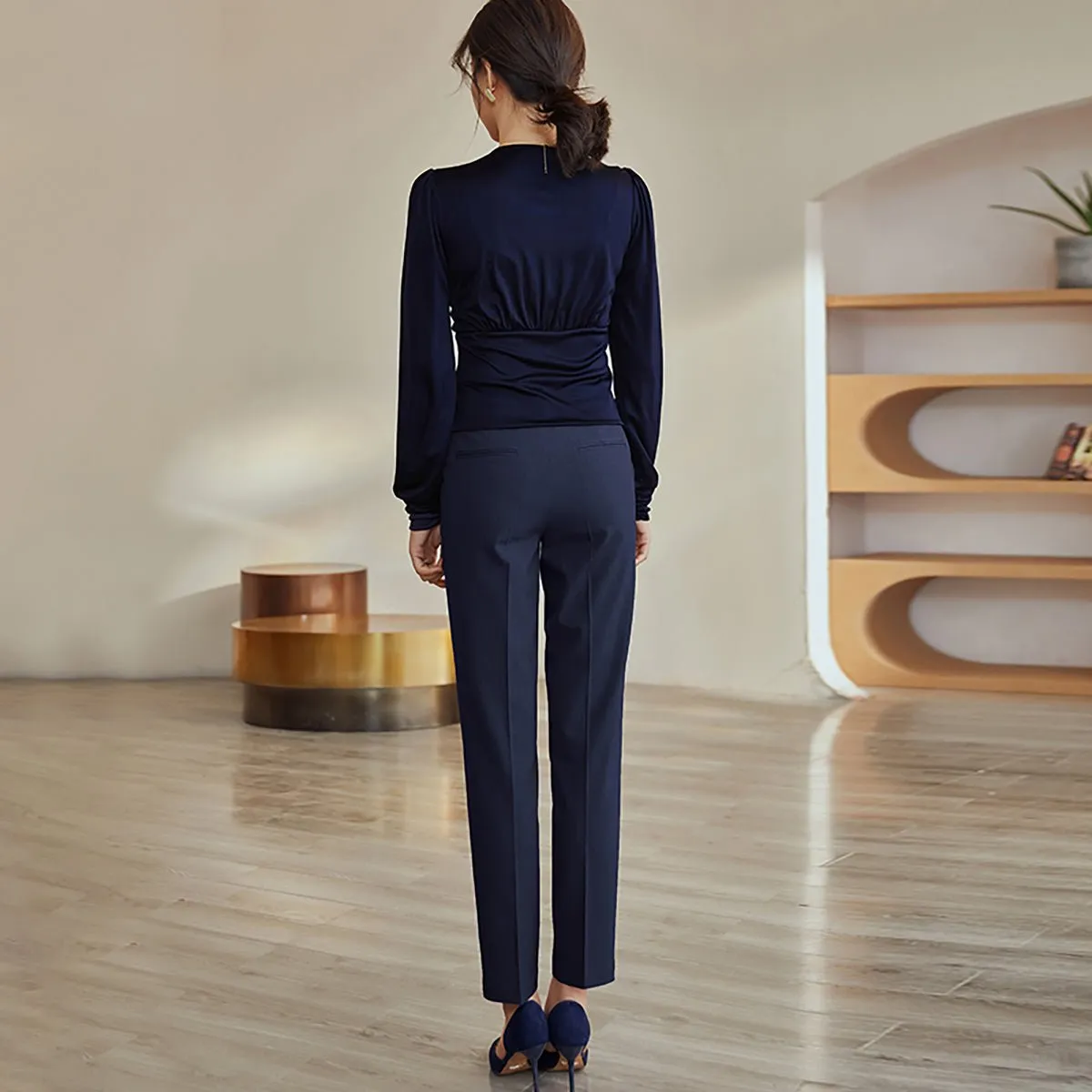 Tailored Navy Mid-Waist Pants