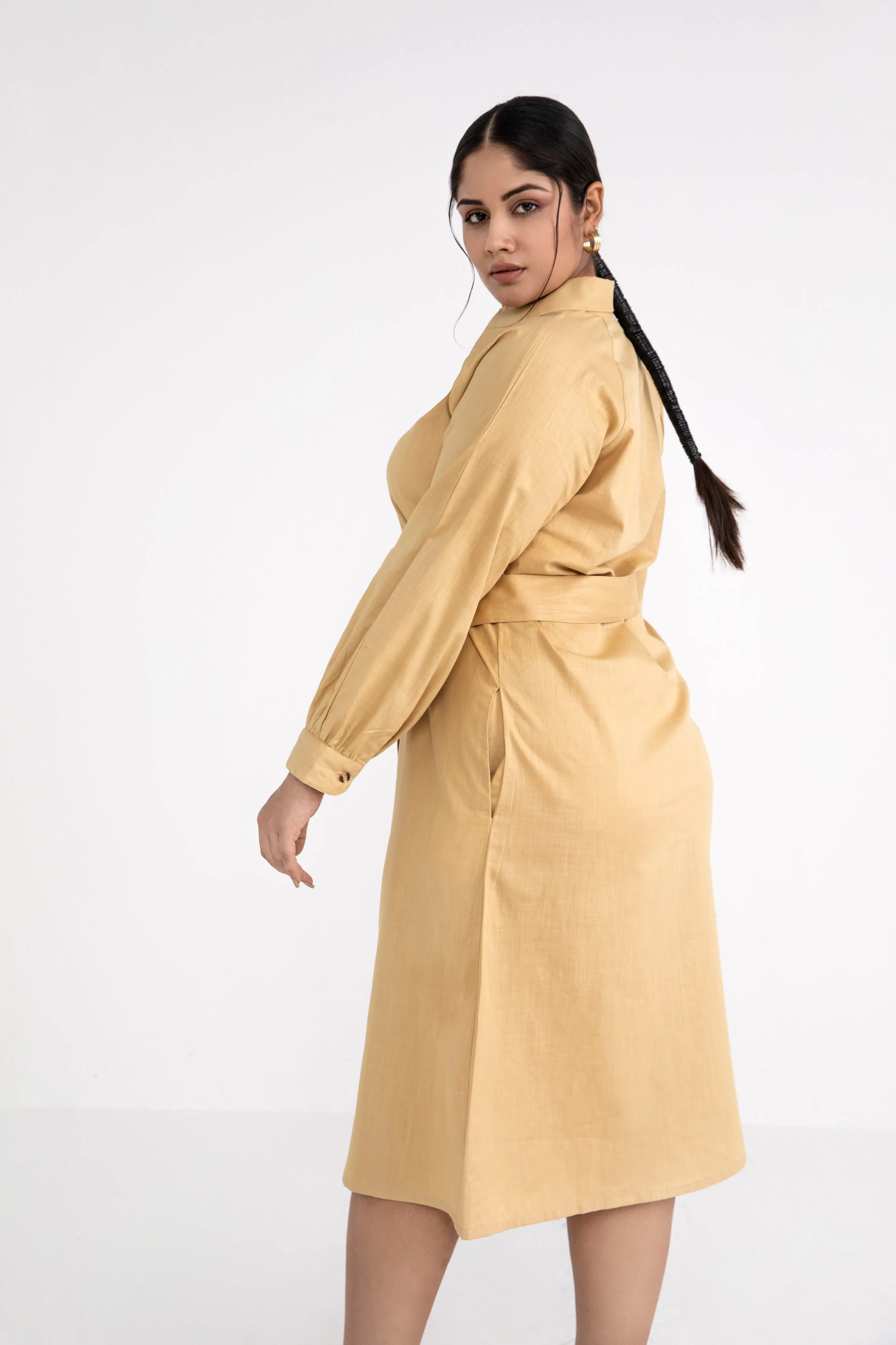 Tan Brown Belted Cotton Midi Dress