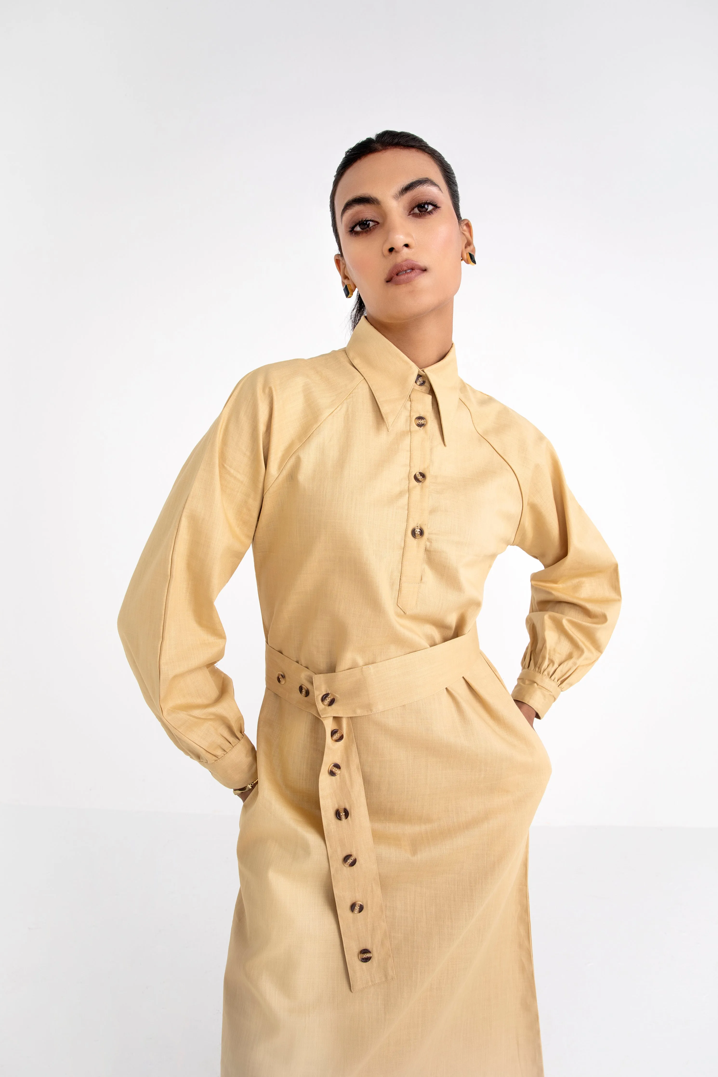 Tan Brown Belted Cotton Midi Dress