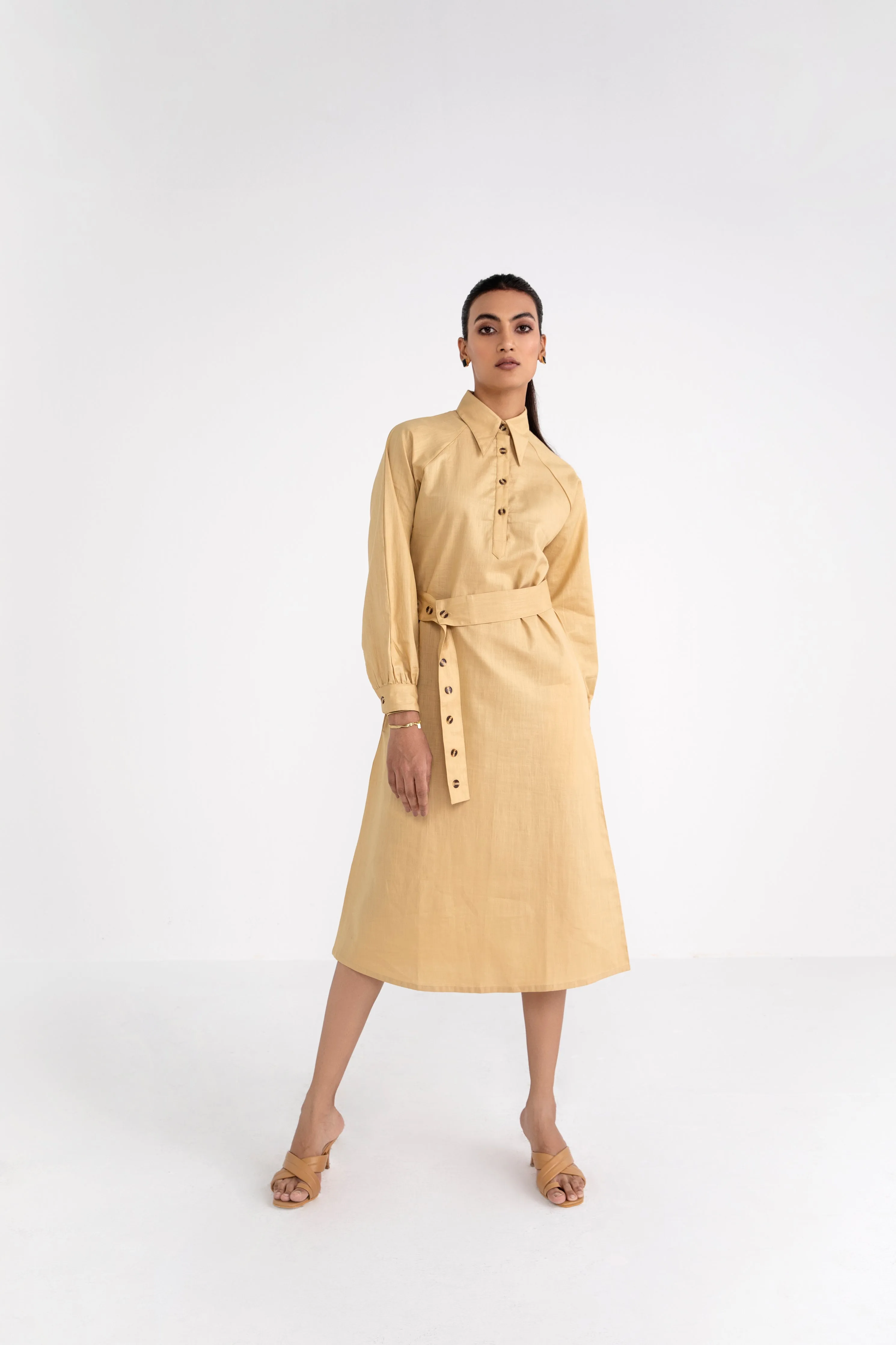 Tan Brown Belted Cotton Midi Dress