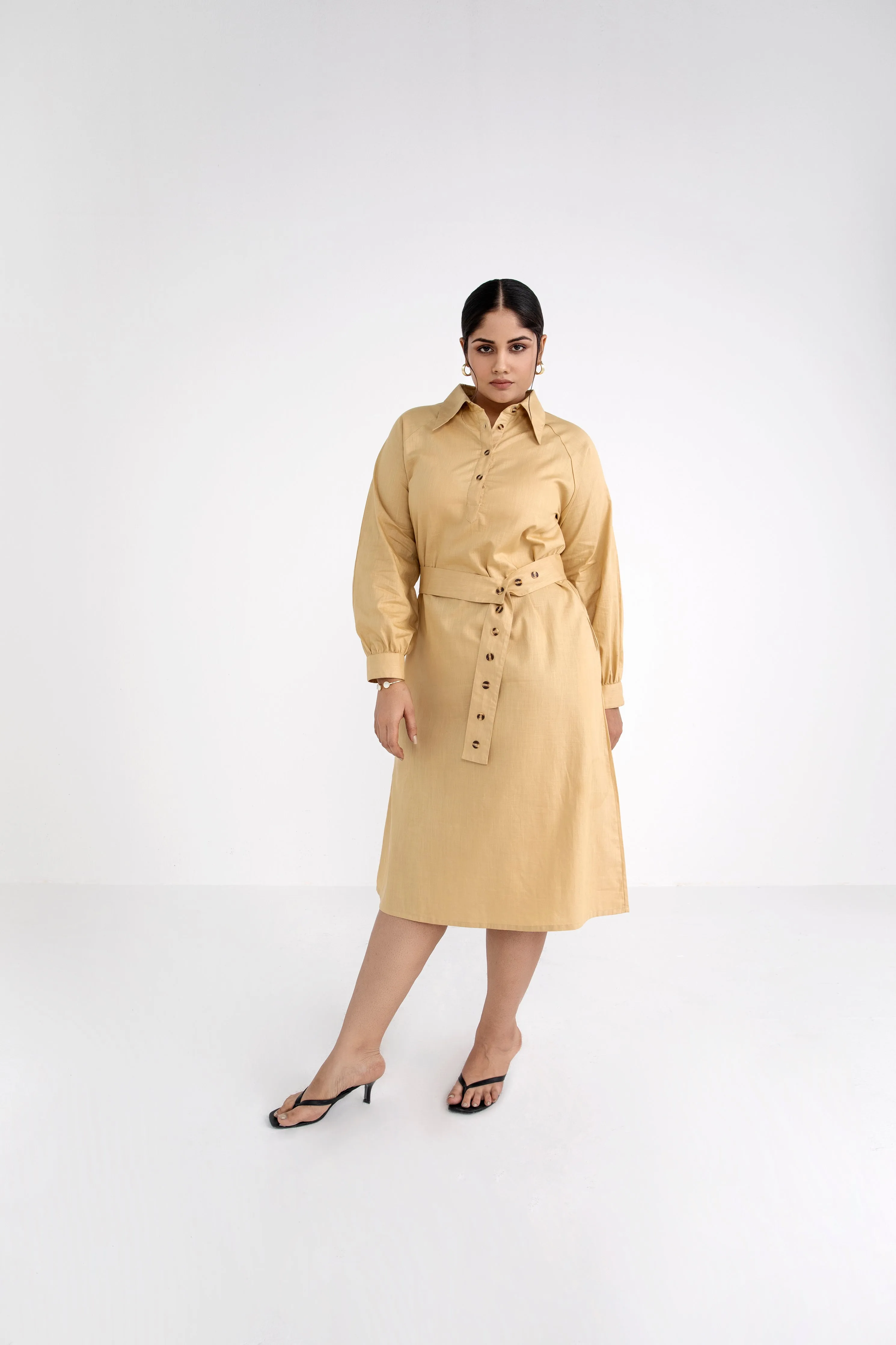 Tan Brown Belted Cotton Midi Dress