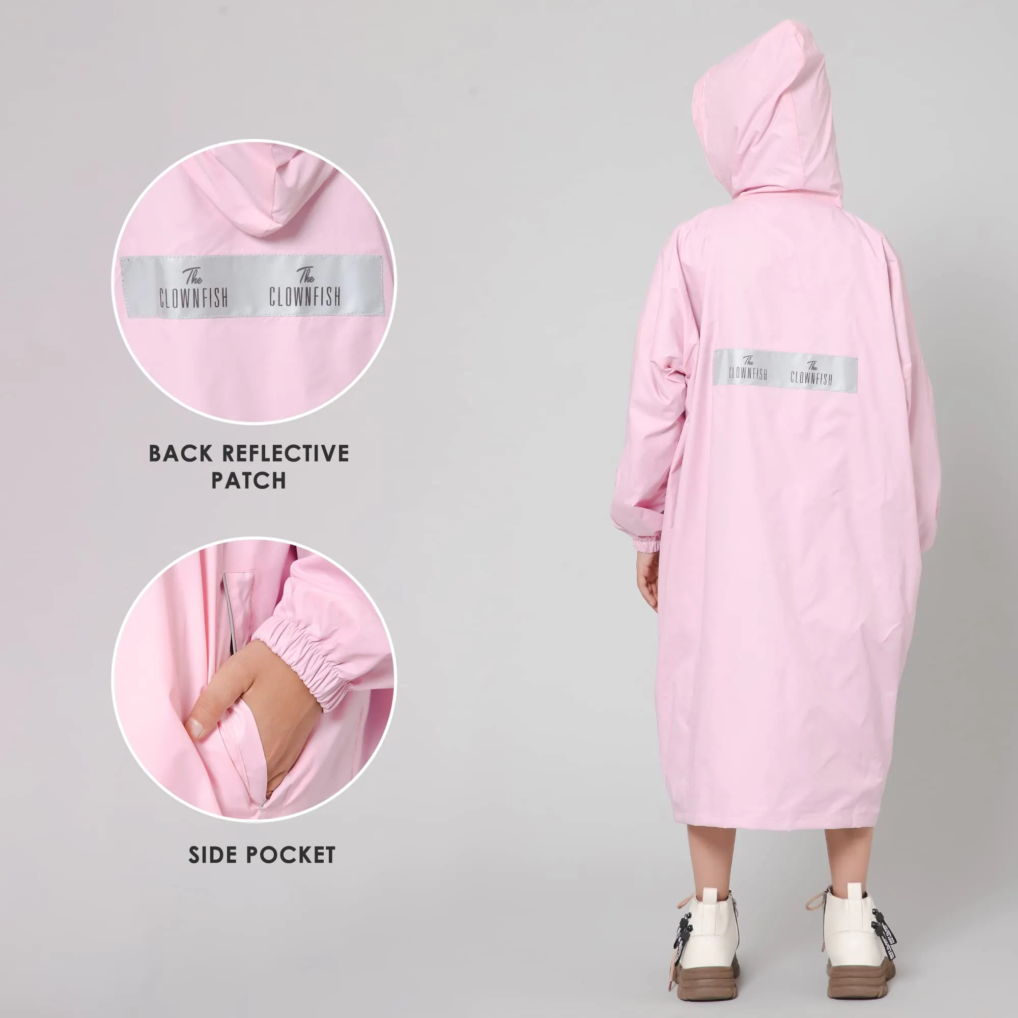 THE CLOWNFISH Cloud Chaser Series Kids Raincoat Waterproof Polyester Double Coating Reversible Longcoat with Hood and Reflector Logo at Back. Printed Plastic Pouch. Kid Age-11-12 years (Blush Pink)