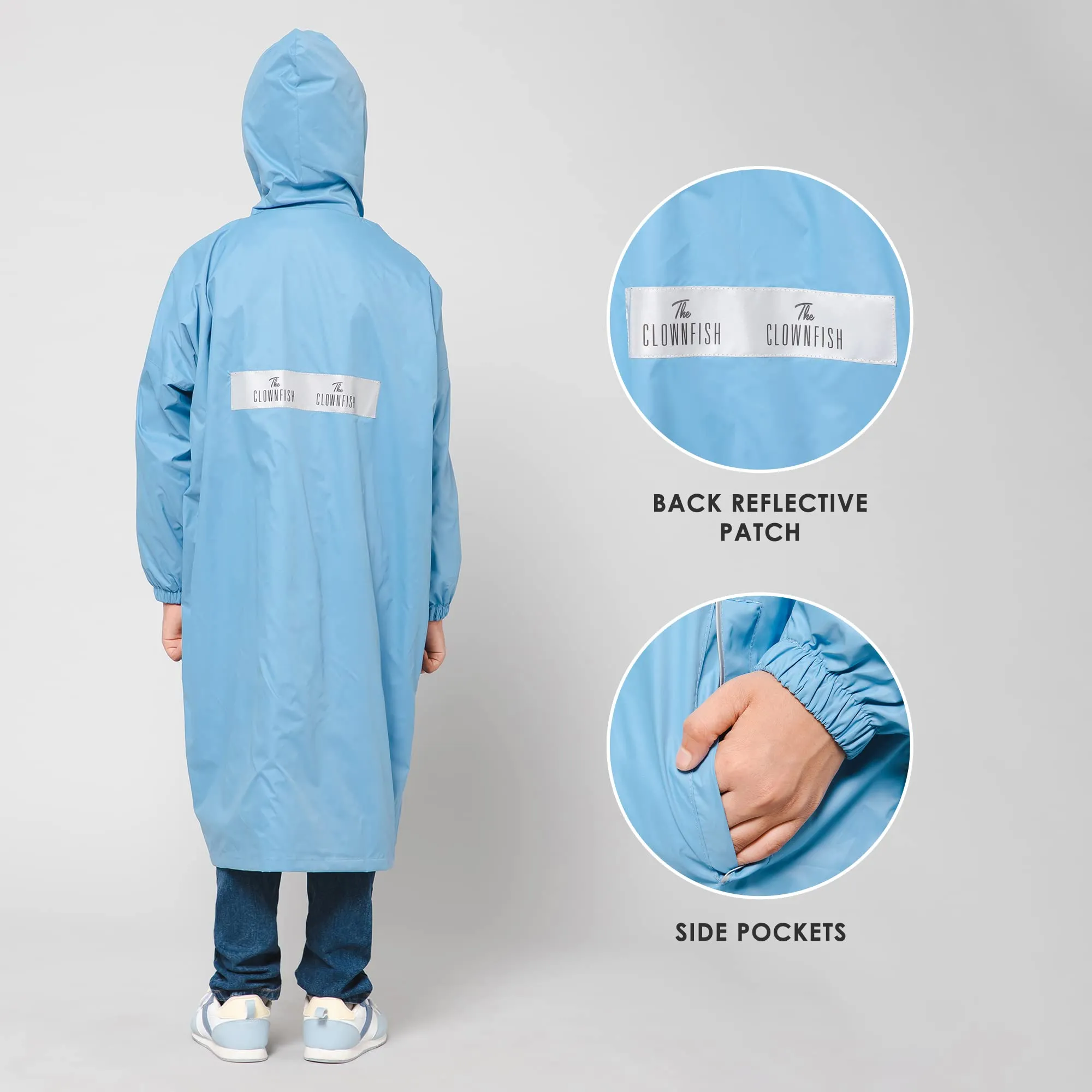 THE CLOWNFISH Cloud Chaser Series Kids Raincoat Waterproof Polyester Double Coating Reversible Longcoat with Hood and Reflector Logo at Back. Printed Plastic Pouch. Kid Age-13-14 years (Skyblue)