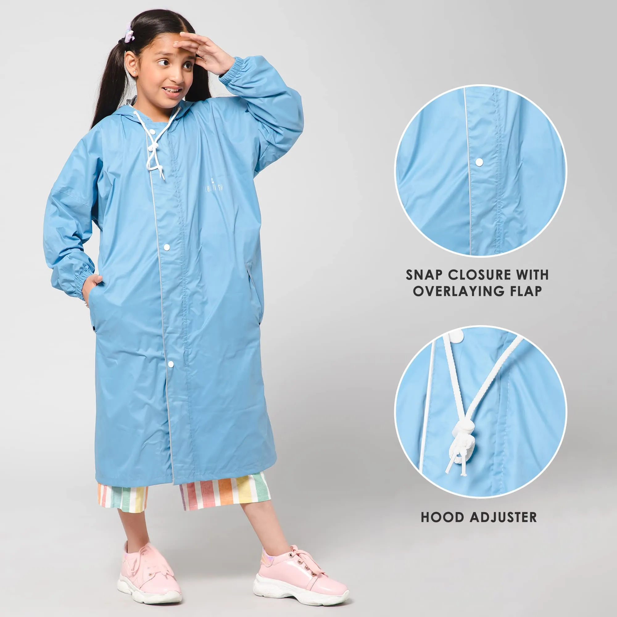 THE CLOWNFISH Cloud Chaser Series Kids Raincoat Waterproof Polyester Double Coating Reversible Longcoat with Hood and Reflector Logo at Back. Printed Plastic Pouch. Kid Age-5-6 years (Skyblue)