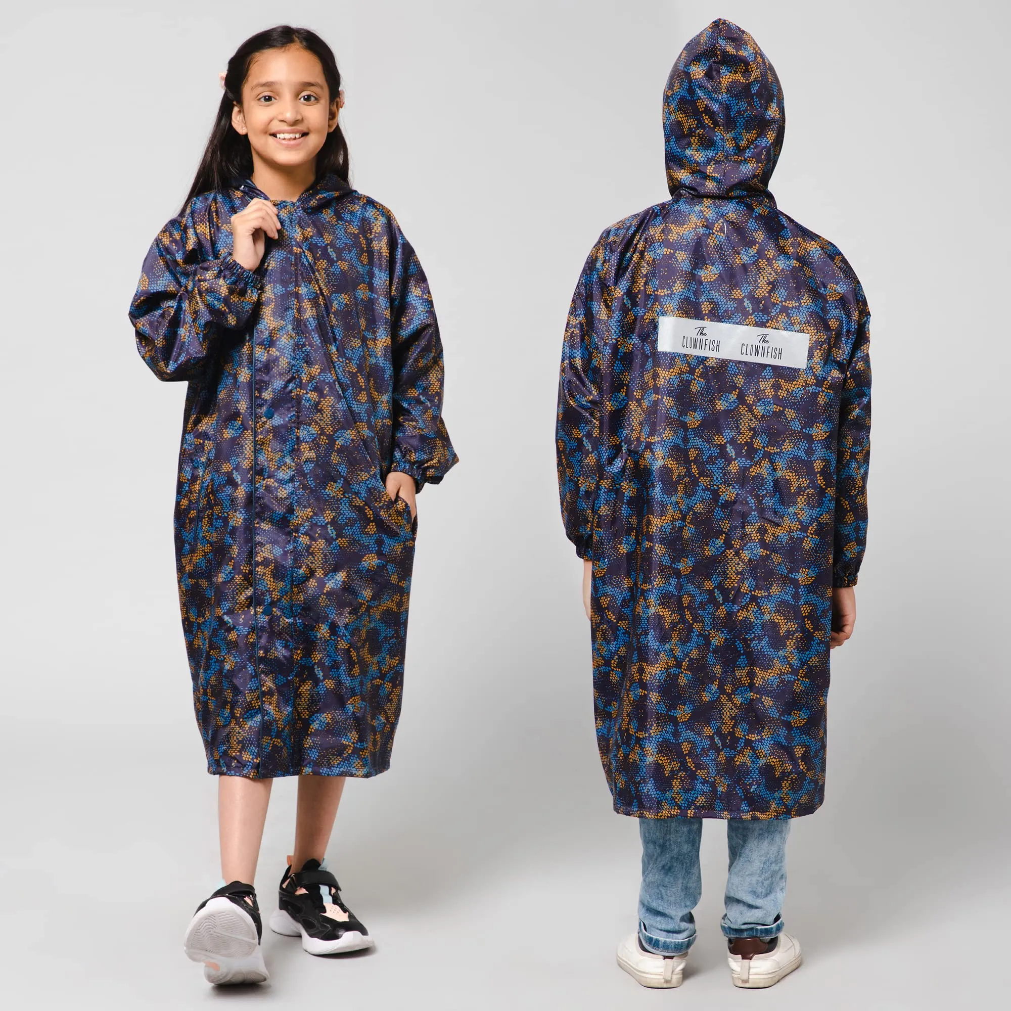 The Clownfish Drizzle Dot Series Kids Raincoat Waterproof Polyester Double Coating Reversible Longcoat with Hood and Reflector Logo at Back. Printed Plastic Pouch. Kid Age-13-14 years (Strawberry Red)