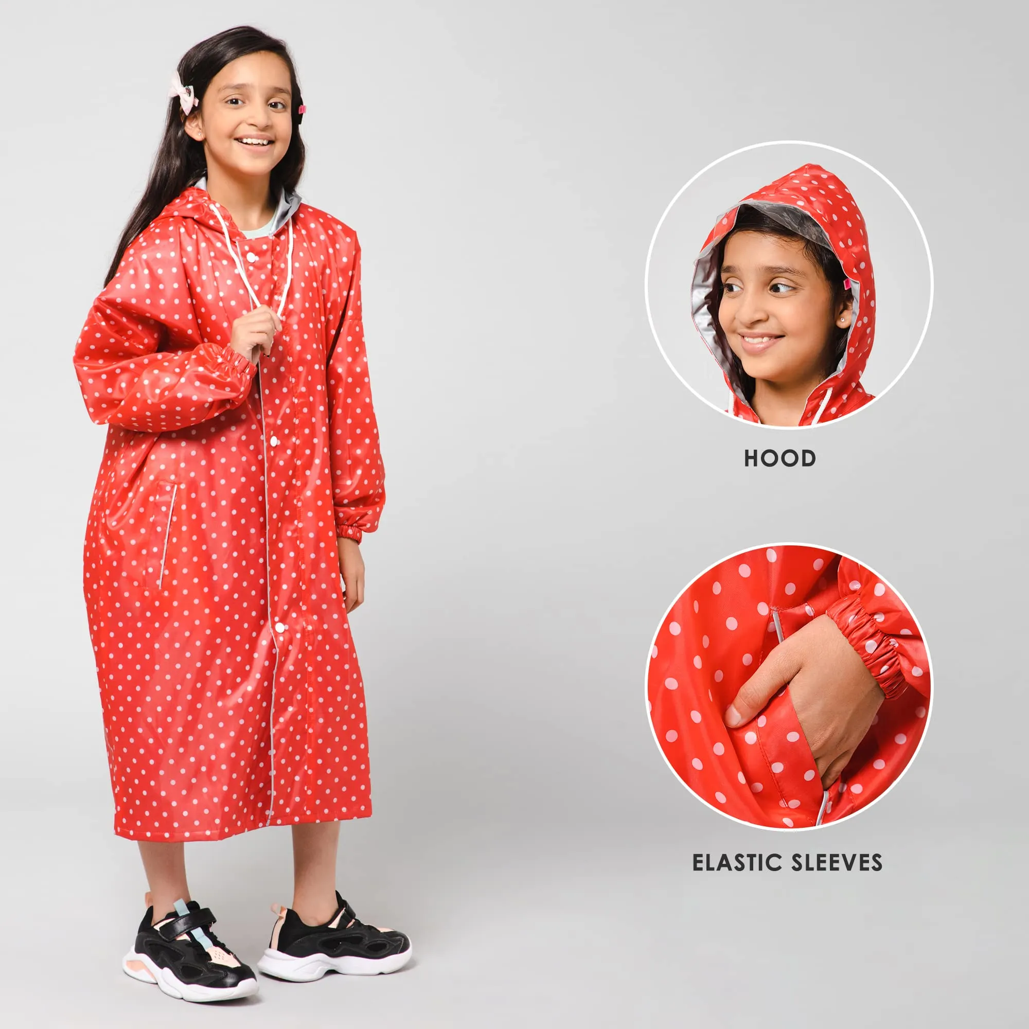 THE CLOWNFISH Drizzle Dot Series Kids Raincoat Waterproof Polyester Double Coating Reversible Longcoat with Hood and Reflector Logo at Back. Printed Plastic Pouch. Kid Age-9-10 years (Strawberry Red)