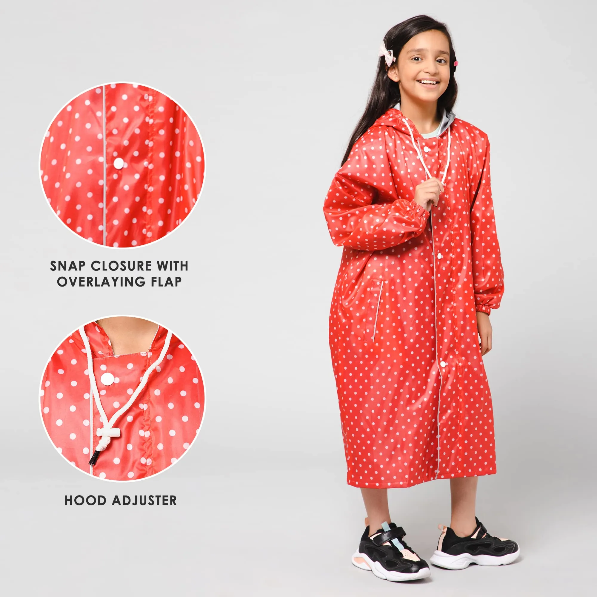 THE CLOWNFISH Drizzle Dot Series Kids Raincoat Waterproof Polyester Double Coating Reversible Longcoat with Hood and Reflector Logo at Back. Printed Plastic Pouch. Kid Age-9-10 years (Strawberry Red)