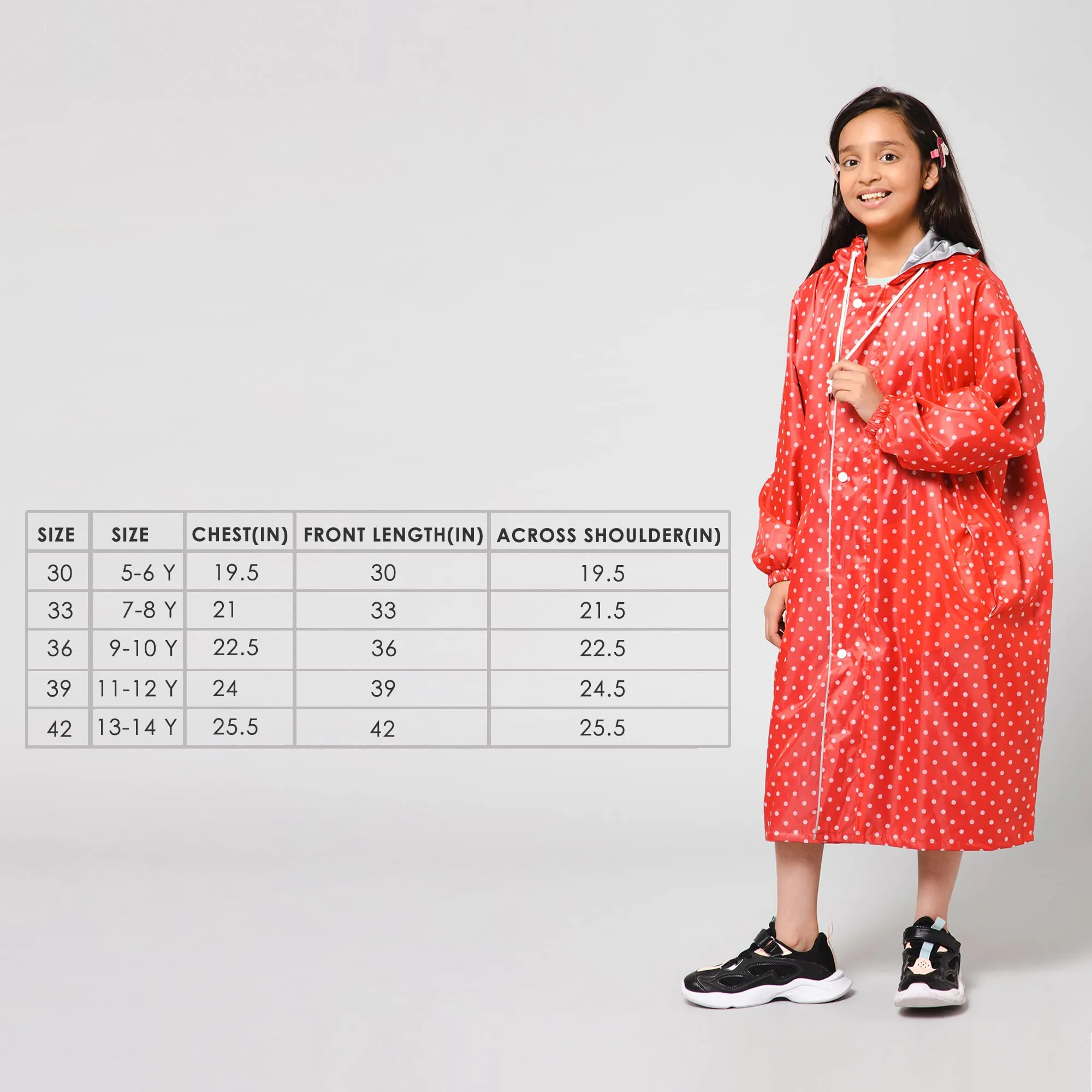 THE CLOWNFISH Drizzle Dot Series Kids Raincoat Waterproof Polyester Double Coating Reversible Longcoat with Hood and Reflector Logo at Back. Printed Plastic Pouch. Kid Age-9-10 years (Strawberry Red)