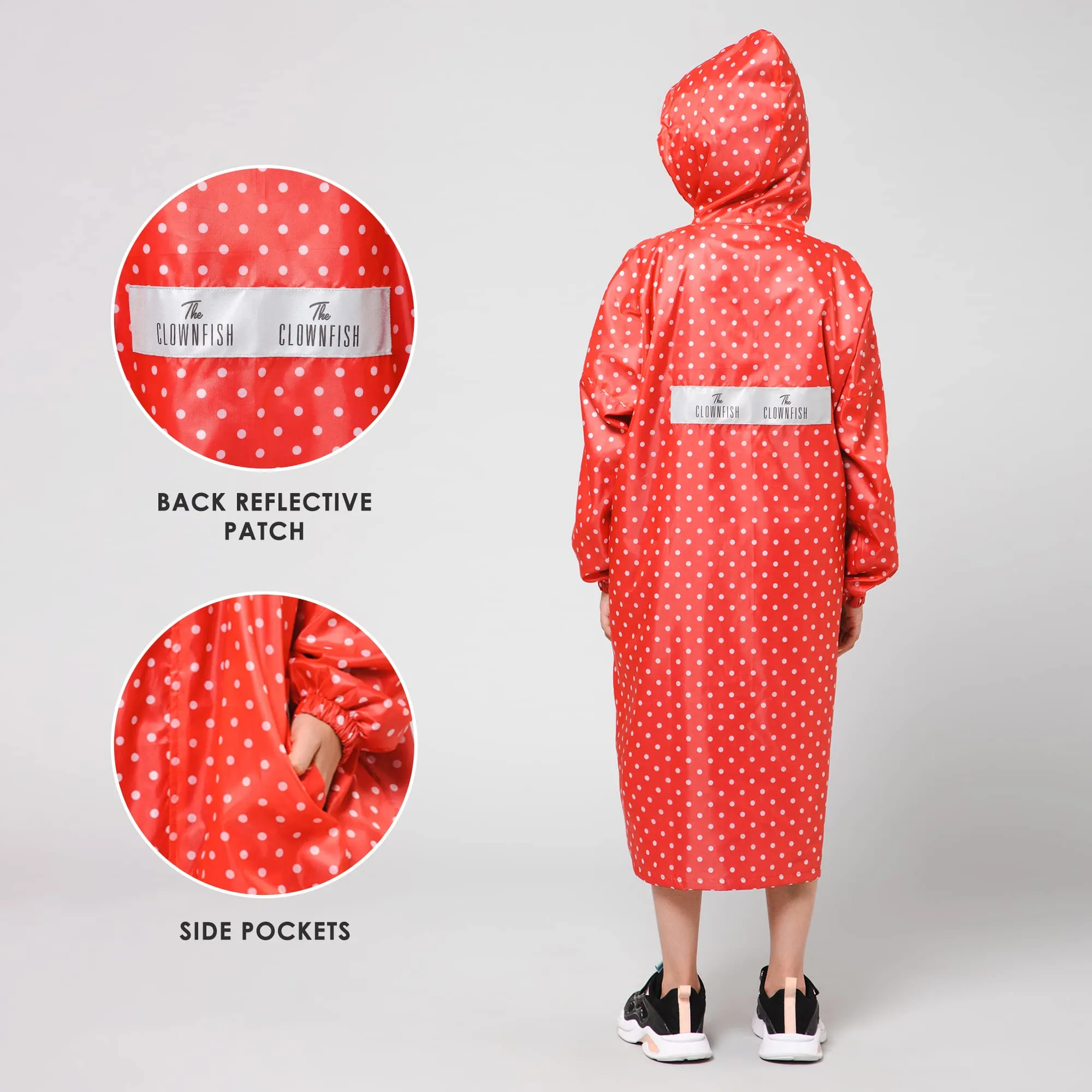 THE CLOWNFISH Drizzle Dot Series Kids Raincoat Waterproof Polyester Double Coating Reversible Longcoat with Hood and Reflector Logo at Back. Printed Plastic Pouch. Kid Age-9-10 years (Strawberry Red)