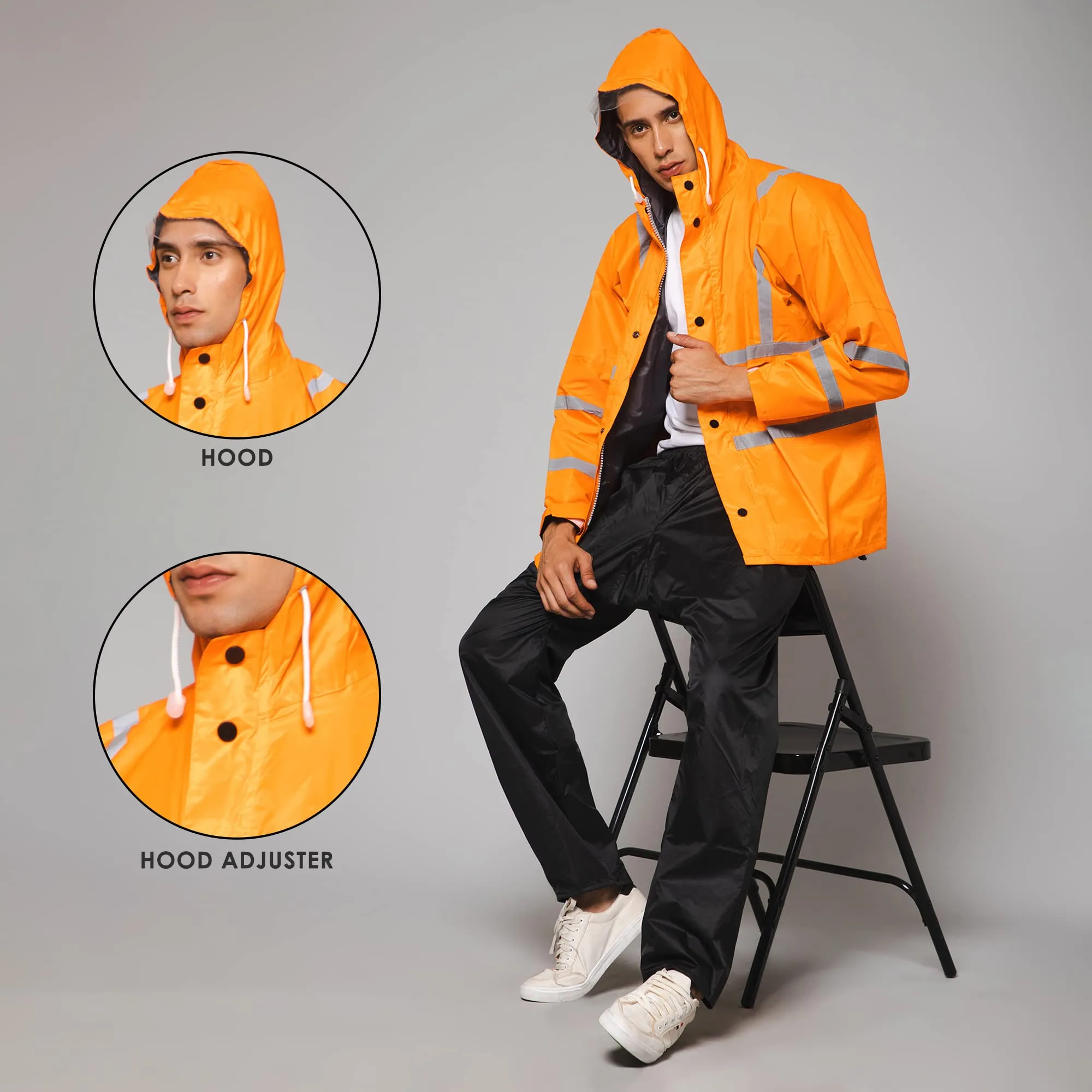 THE CLOWNFISH Leroy Series Rain Coat for Men Waterproof for Bike Raincoat for Men with Hood. Set of Orange Jacket with Black Trouser (XX-Large)