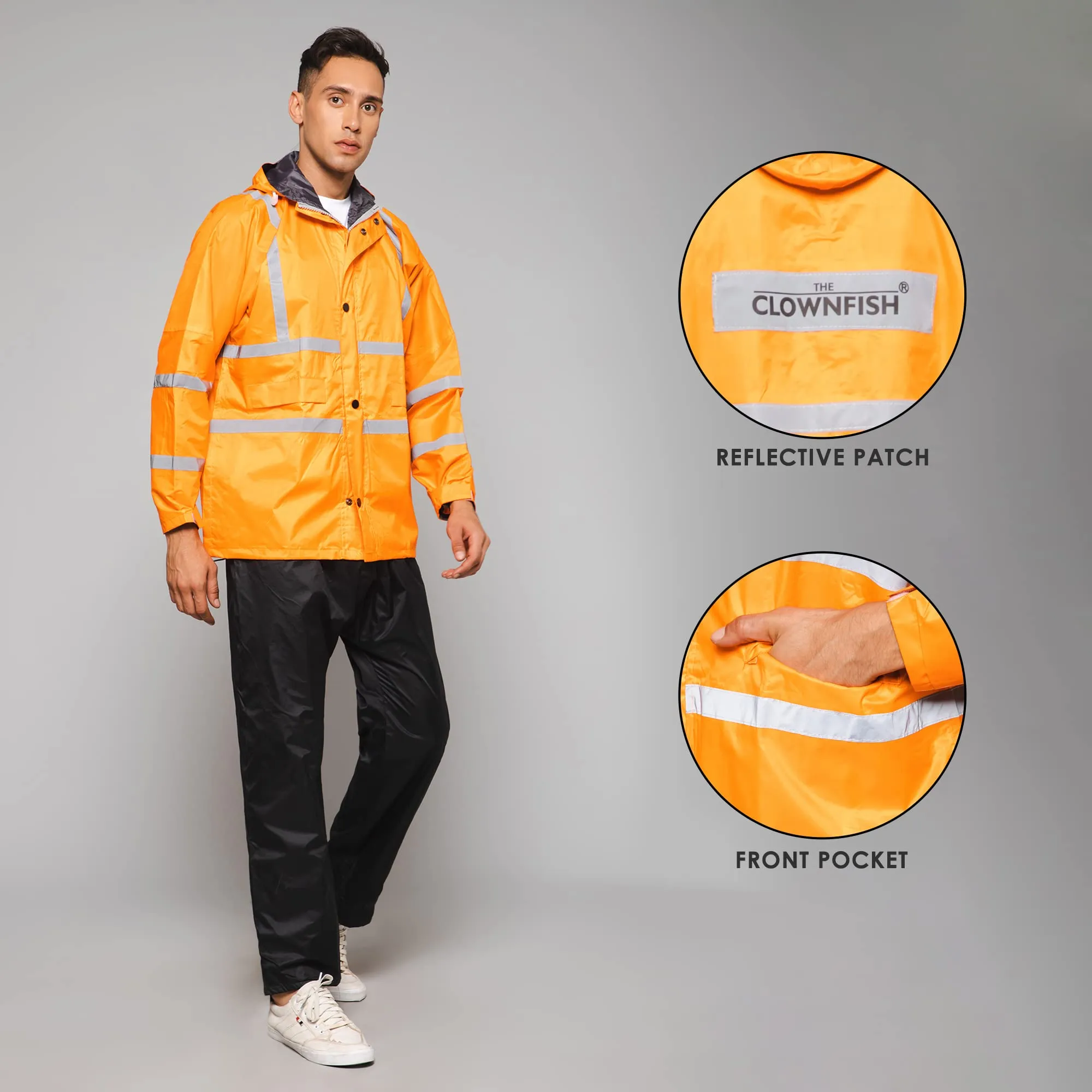 THE CLOWNFISH Leroy Series Rain Coat for Men Waterproof for Bike Raincoat for Men with Hood. Set of Orange Jacket with Black Trouser (XX-Large)