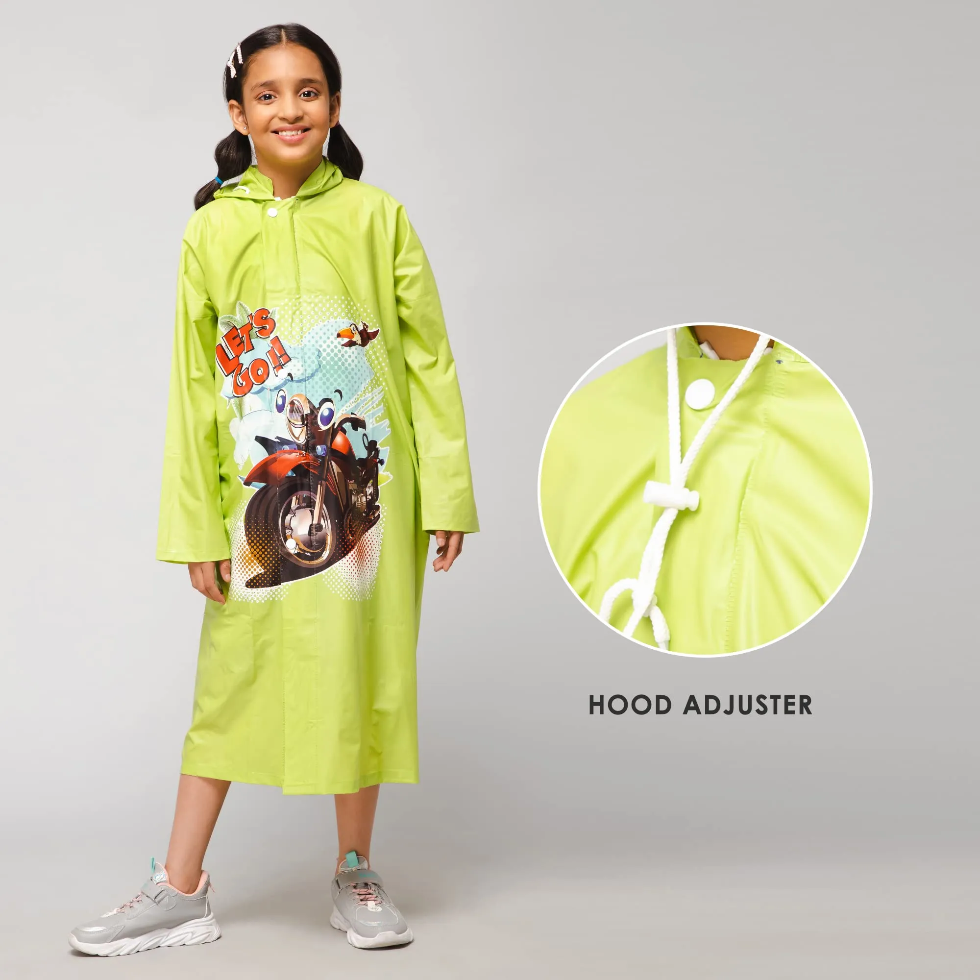 THE CLOWNFISH Men Toon Caper Series Kids Waterproof Pvc Maxi Longcoat With Adjustable Hood & Extra Space For Backpack/Schoolbag Holding. Printed Plastic Pouch. Kid Age-5-6 Years (Lime)