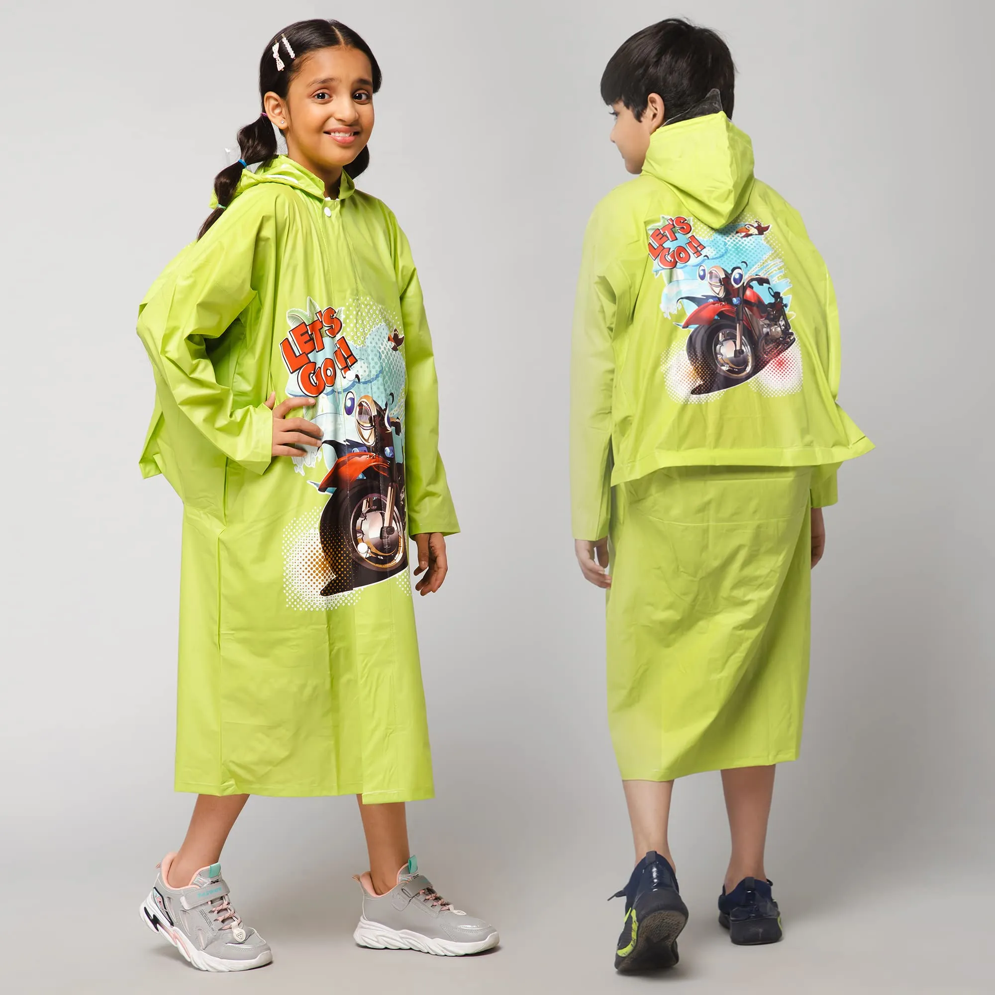 THE CLOWNFISH Men Toon Caper Series Kids Waterproof Pvc Maxi Longcoat With Adjustable Hood & Extra Space For Backpack/Schoolbag Holding. Printed Plastic Pouch. Kid Age-5-6 Years (Lime)