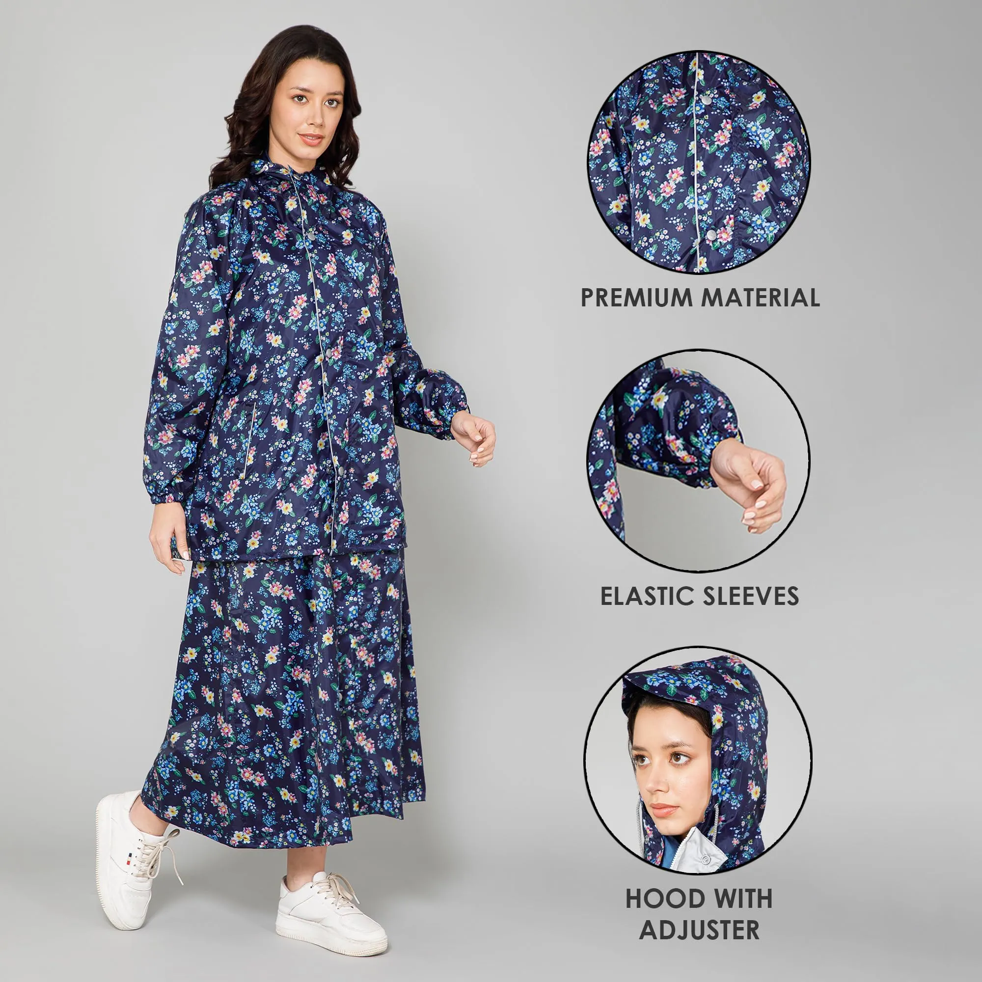 THE CLOWNFISH Polyester Waterproof Rain Coat For Women Skirt and Top Raincoat With Adjustable Hood and Front Pockets Rain Glam Series (Dark Blue Floral, XX-Large)