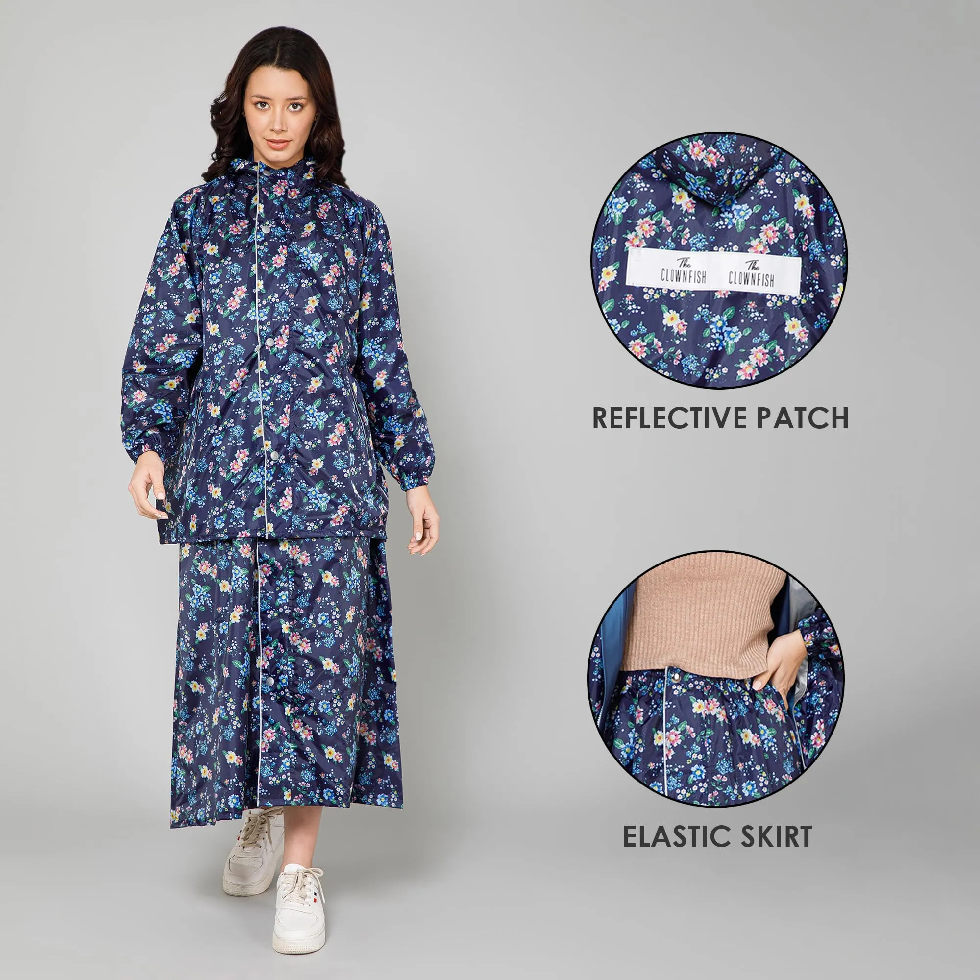 THE CLOWNFISH Polyester Waterproof Rain Coat For Women Skirt and Top Raincoat With Adjustable Hood and Front Pockets Rain Glam Series (Dark Blue Floral, XX-Large)