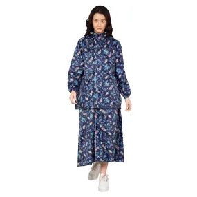 THE CLOWNFISH Polyester Waterproof Rain Coat For Women Skirt and Top Raincoat With Adjustable Hood and Front Pockets Rain Glam Series (Dark Blue Floral, XX-Large)