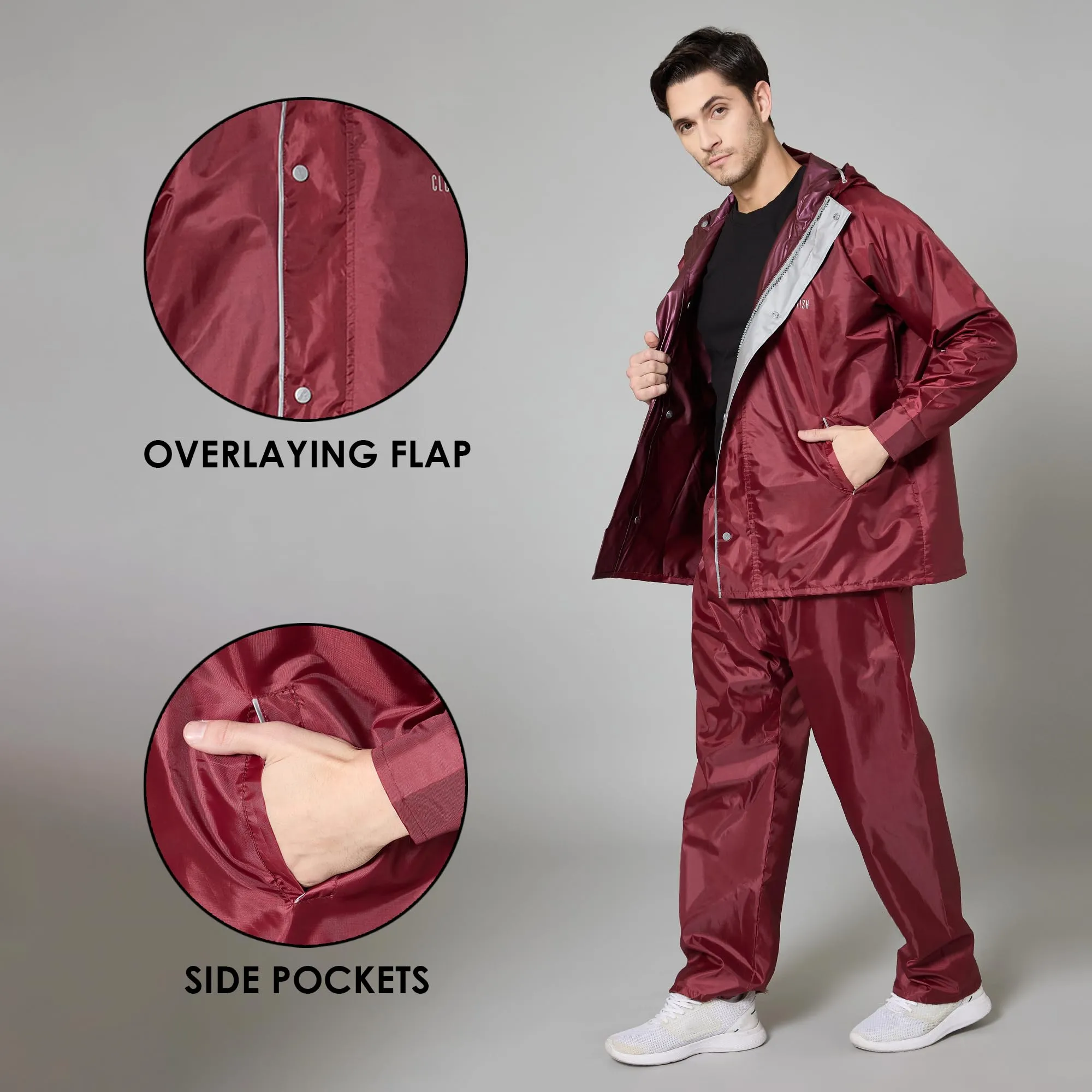 THE CLOWNFISH Rain Coat for Men Waterproof Raincoat with Pants Polyester Reversible Double Layer Rain Coat For Men Bike Rain Suit Rain Jacket Suit Inner Mobile Pocket with Storage Bag (Maroon XL)