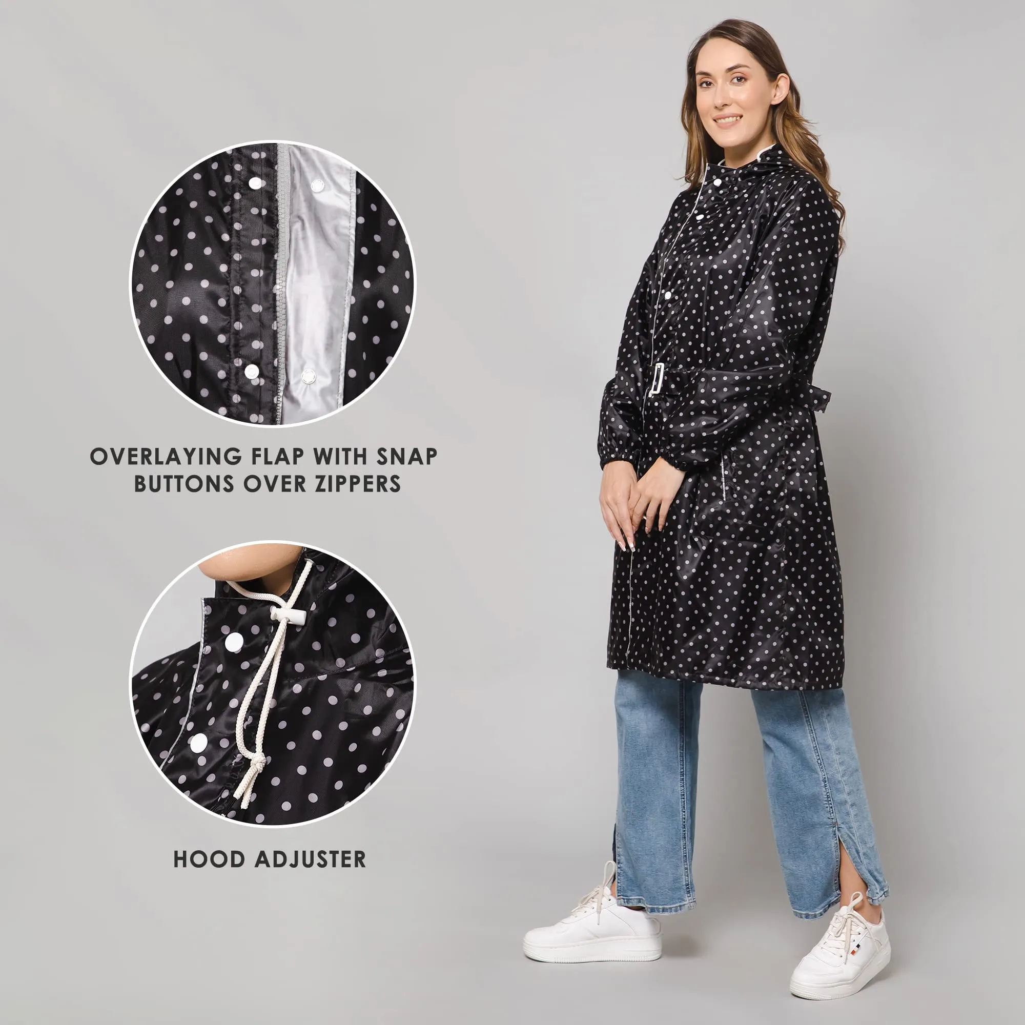 THE CLOWNFISH Raincoats for Women Rain Coat for Women Longcoat Raincoat for Ladies Waterproof Reversible Double Layer. Dotty Delight Series (Black, Large)