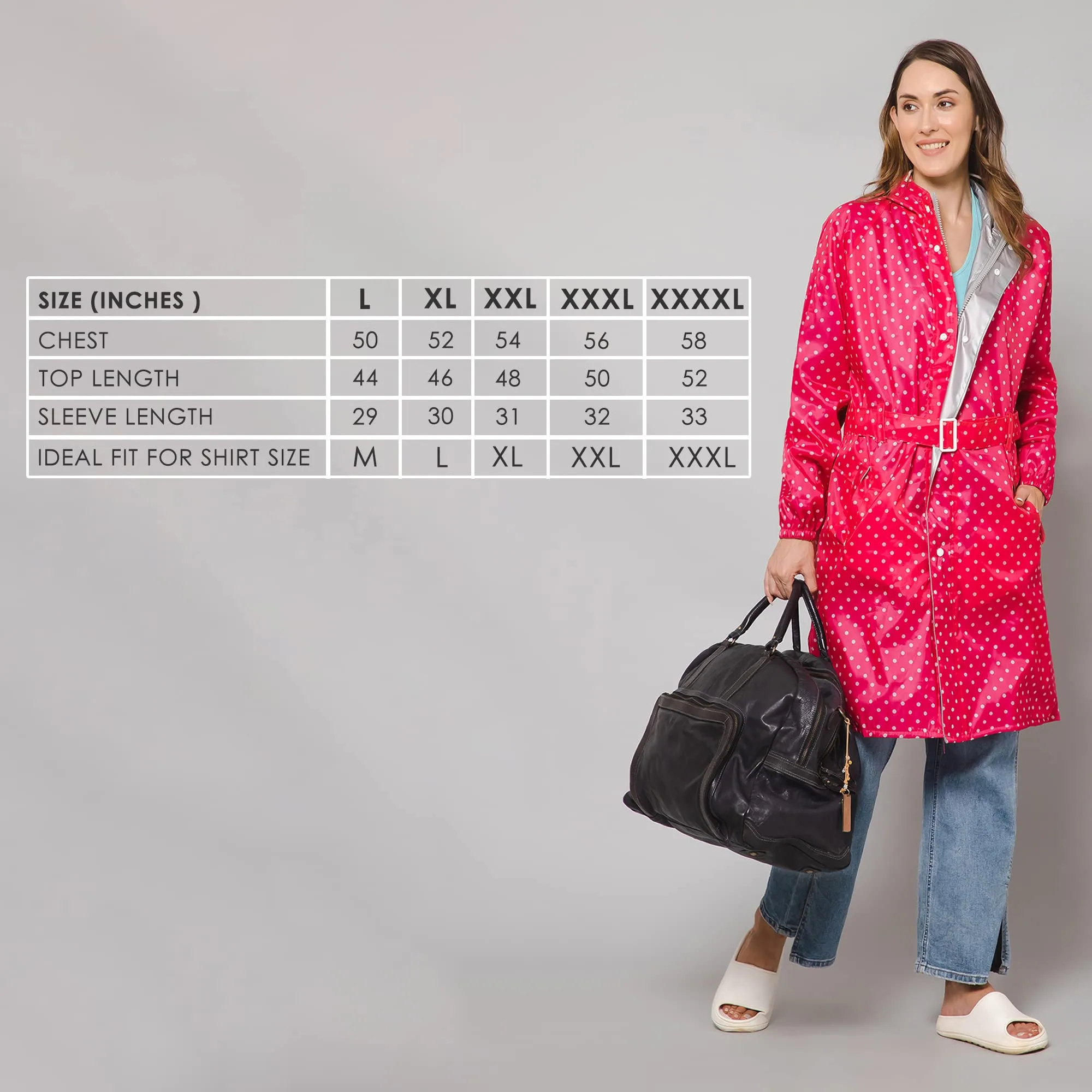 THE CLOWNFISH Raincoats for Women Rain Coat for Women Longcoat Raincoat for Ladies Waterproof Reversible Double Layer. Dotty Delight Series (Dark Pink, XXXX-Large)