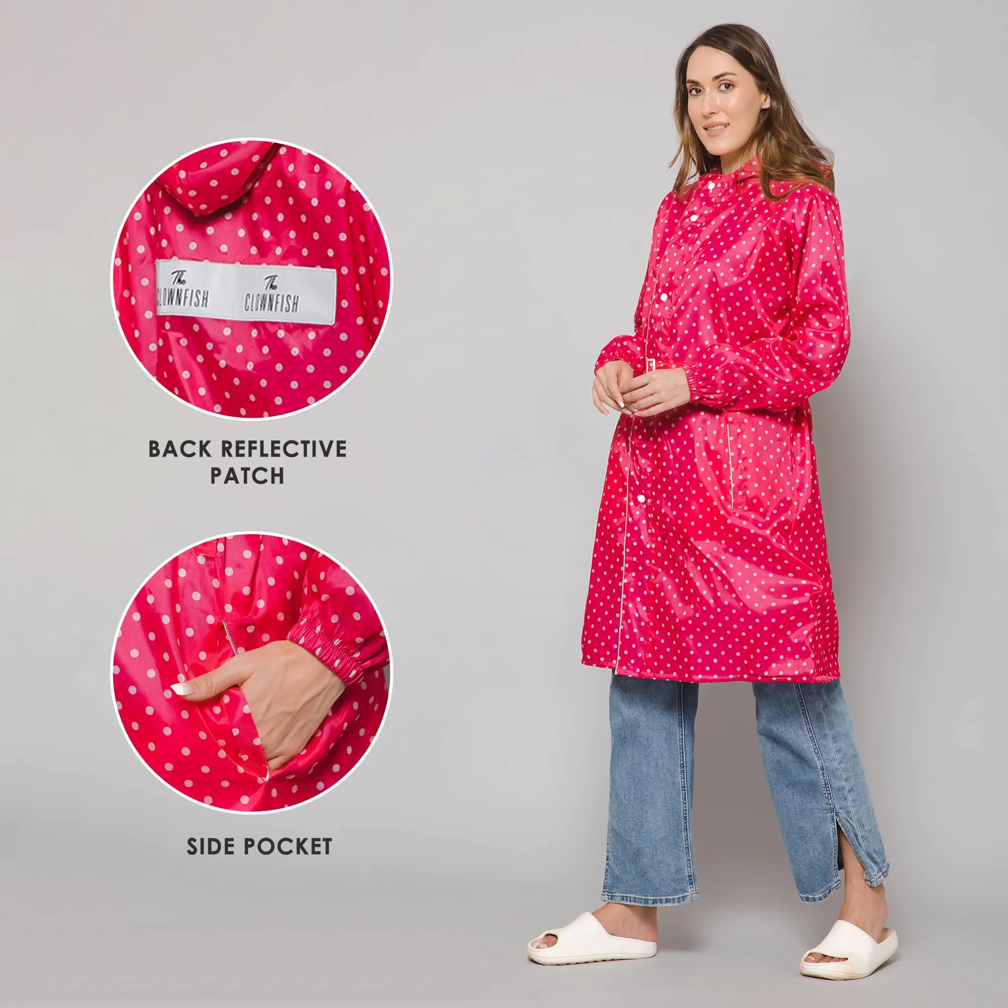 THE CLOWNFISH Raincoats for Women Rain Coat for Women Longcoat Raincoat for Ladies Waterproof Reversible Double Layer. Dotty Delight Series (Dark Pink, XXXX-Large)