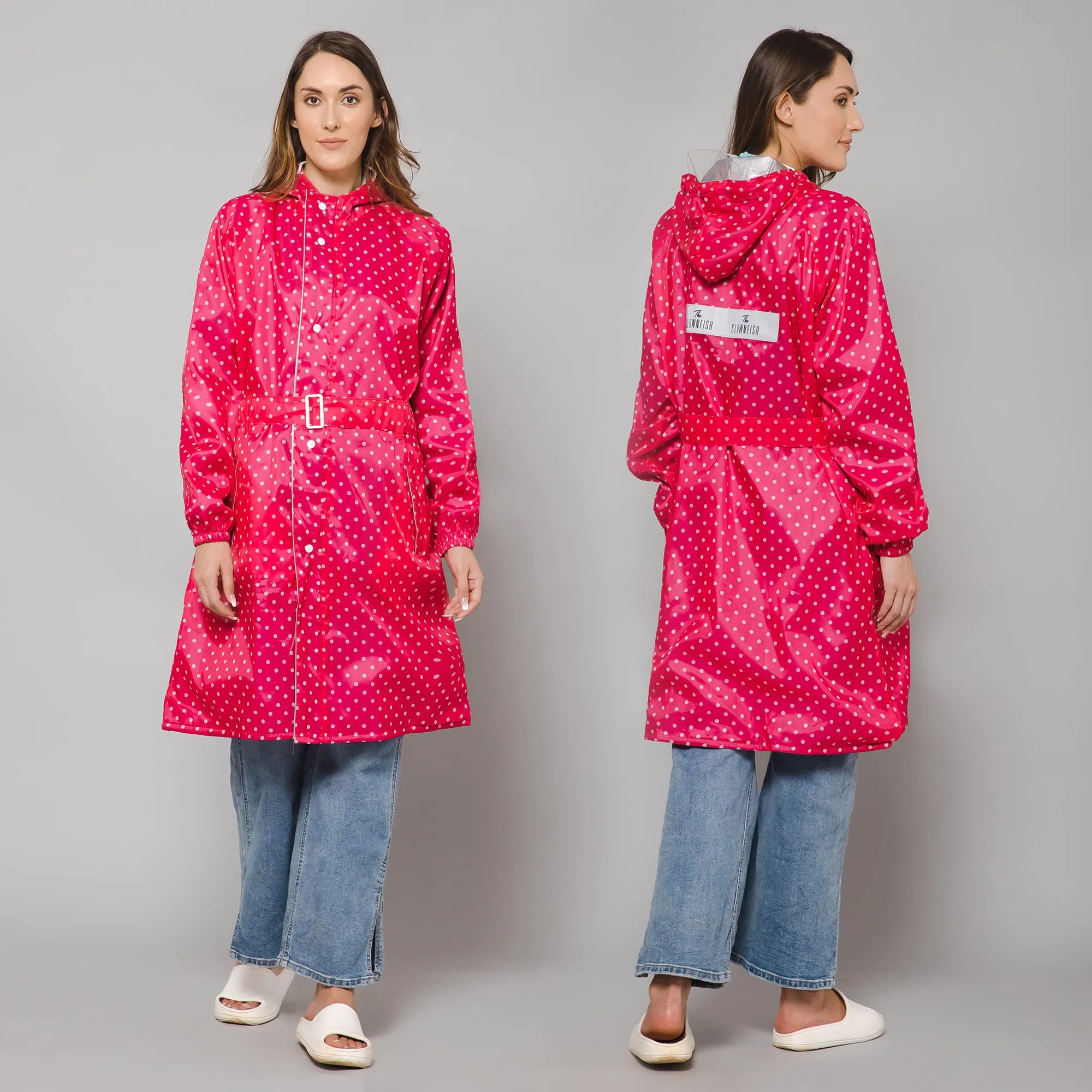 THE CLOWNFISH Raincoats for Women Rain Coat for Women Longcoat Raincoat for Ladies Waterproof Reversible Double Layer. Dotty Delight Series (Dark Pink, XXXX-Large)