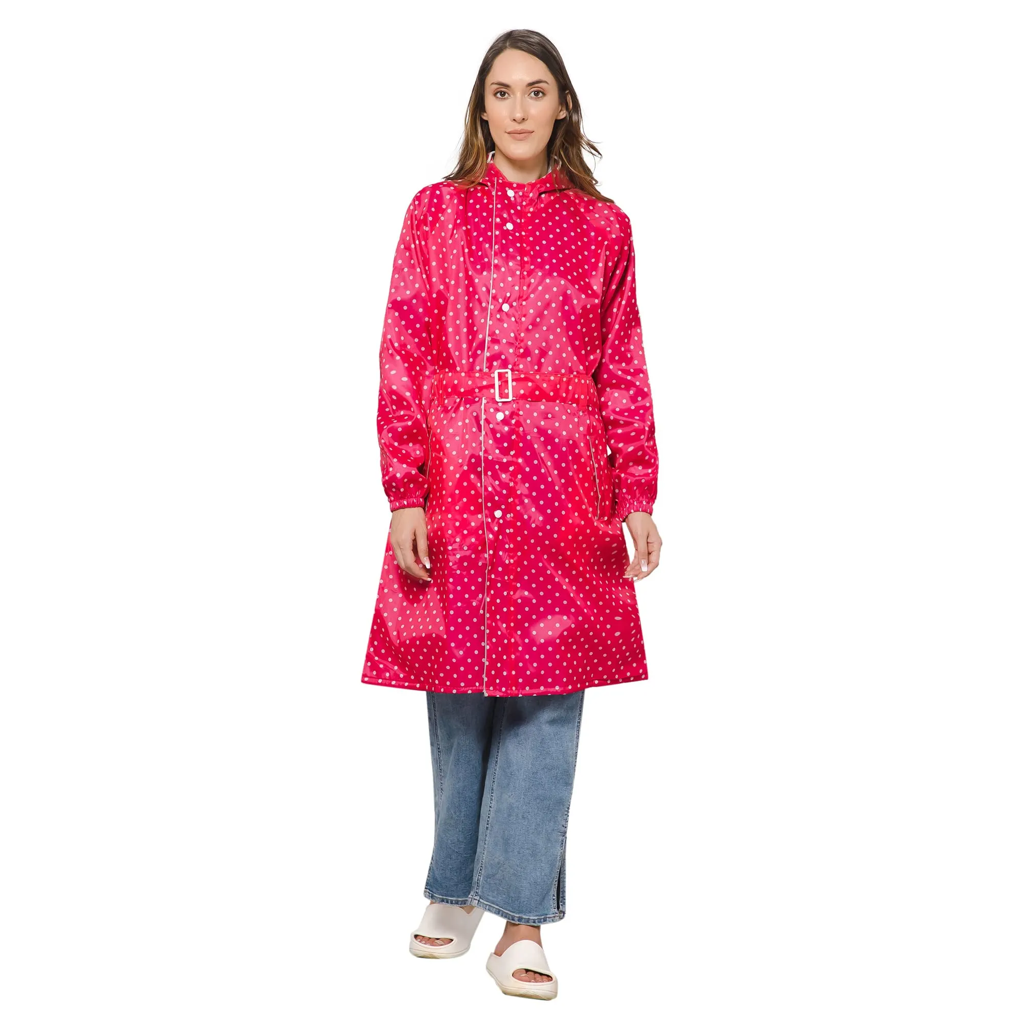 THE CLOWNFISH Raincoats for Women Rain Coat for Women Longcoat Raincoat for Ladies Waterproof Reversible Double Layer. Dotty Delight Series (Dark Pink, XXXX-Large)