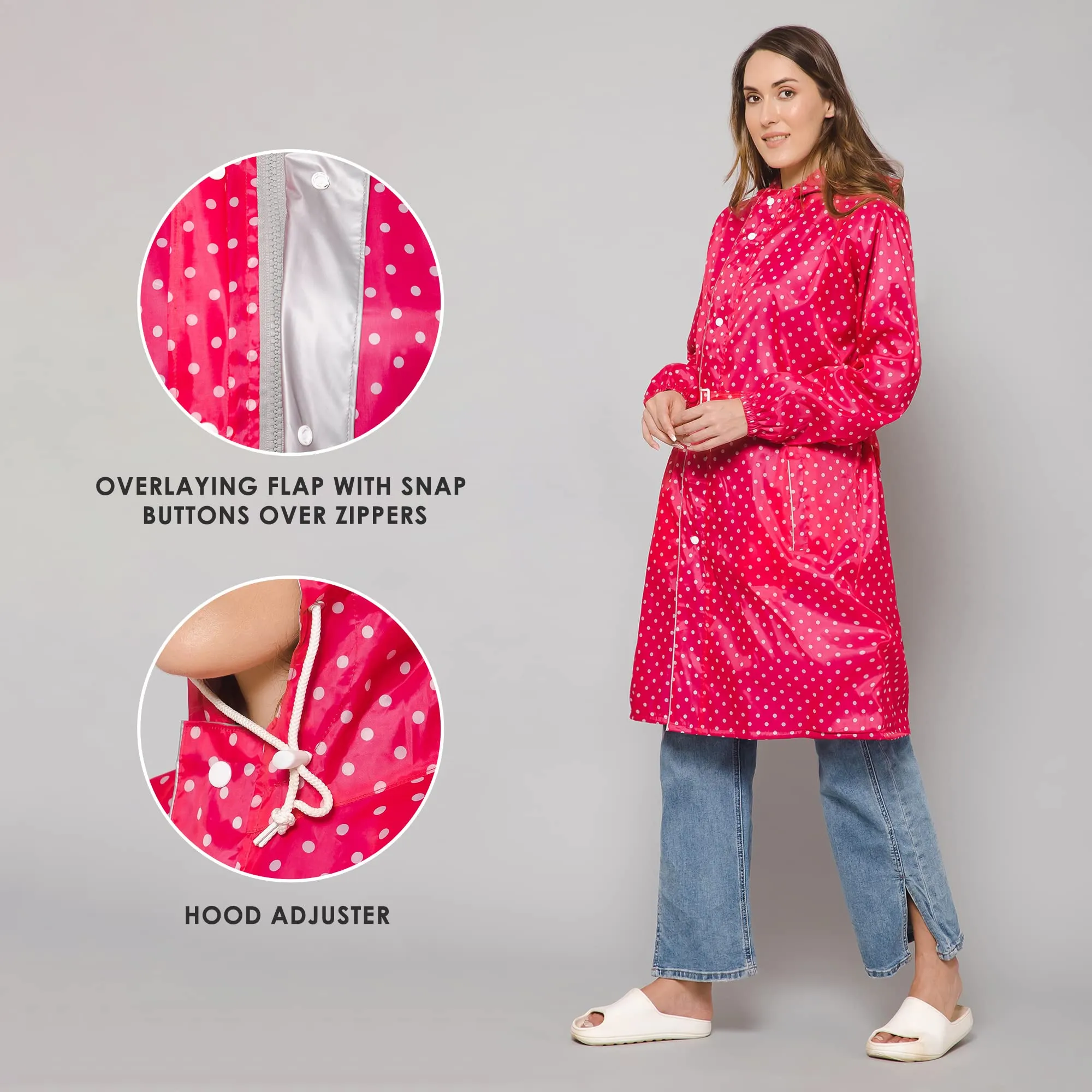 THE CLOWNFISH Raincoats for Women Rain Coat for Women Longcoat Raincoat for Ladies Waterproof Reversible Double Layer. Dotty Delight Series (Dark Pink, XXXX-Large)