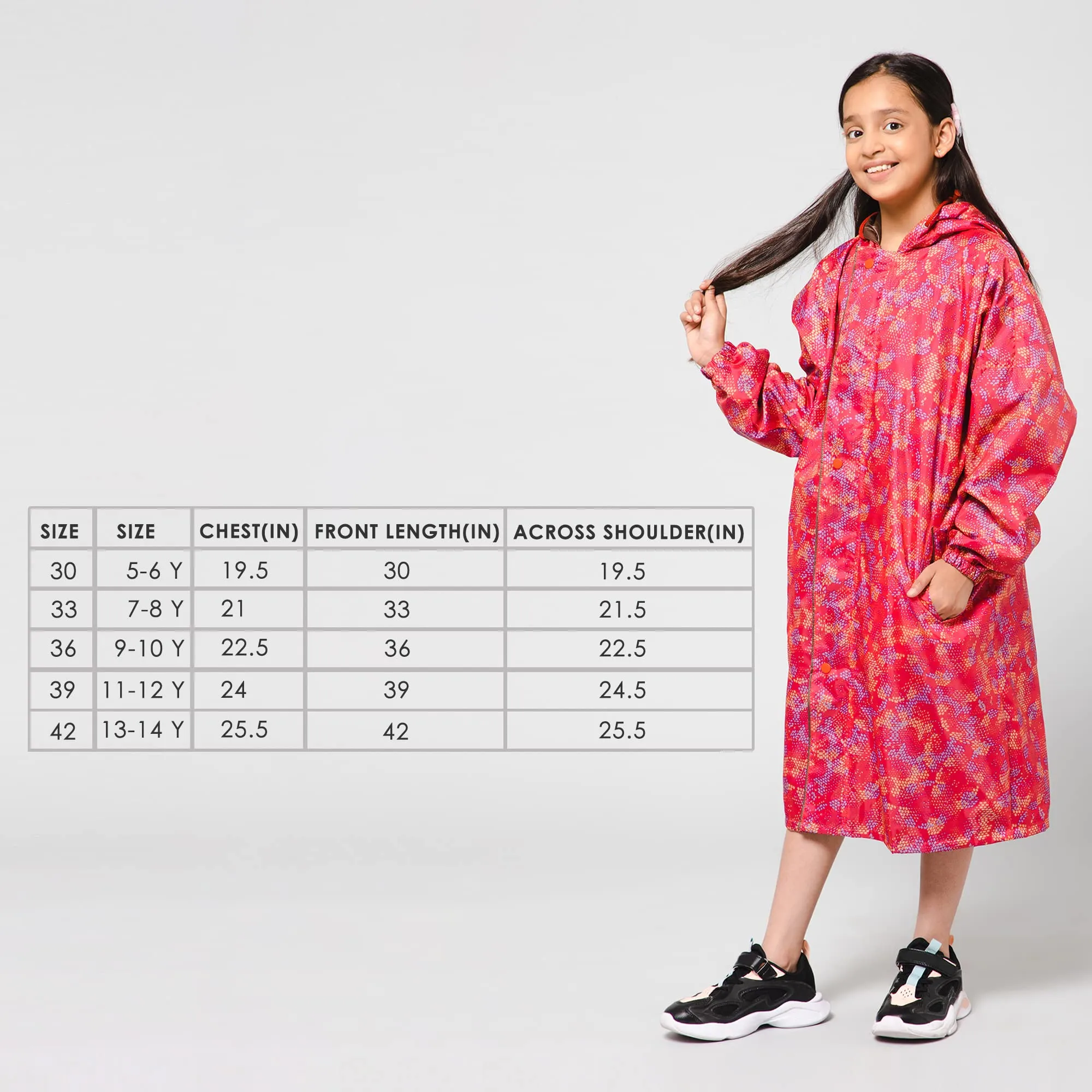 THE CLOWNFISH Splash Squad Series Kids Raincoat Waterproof Polyester Double Coating Reversible Longcoat with Hood and Reflector Logo at Back. Printed Plastic Pouch. Kid Age-11-12 years (Rose Red)