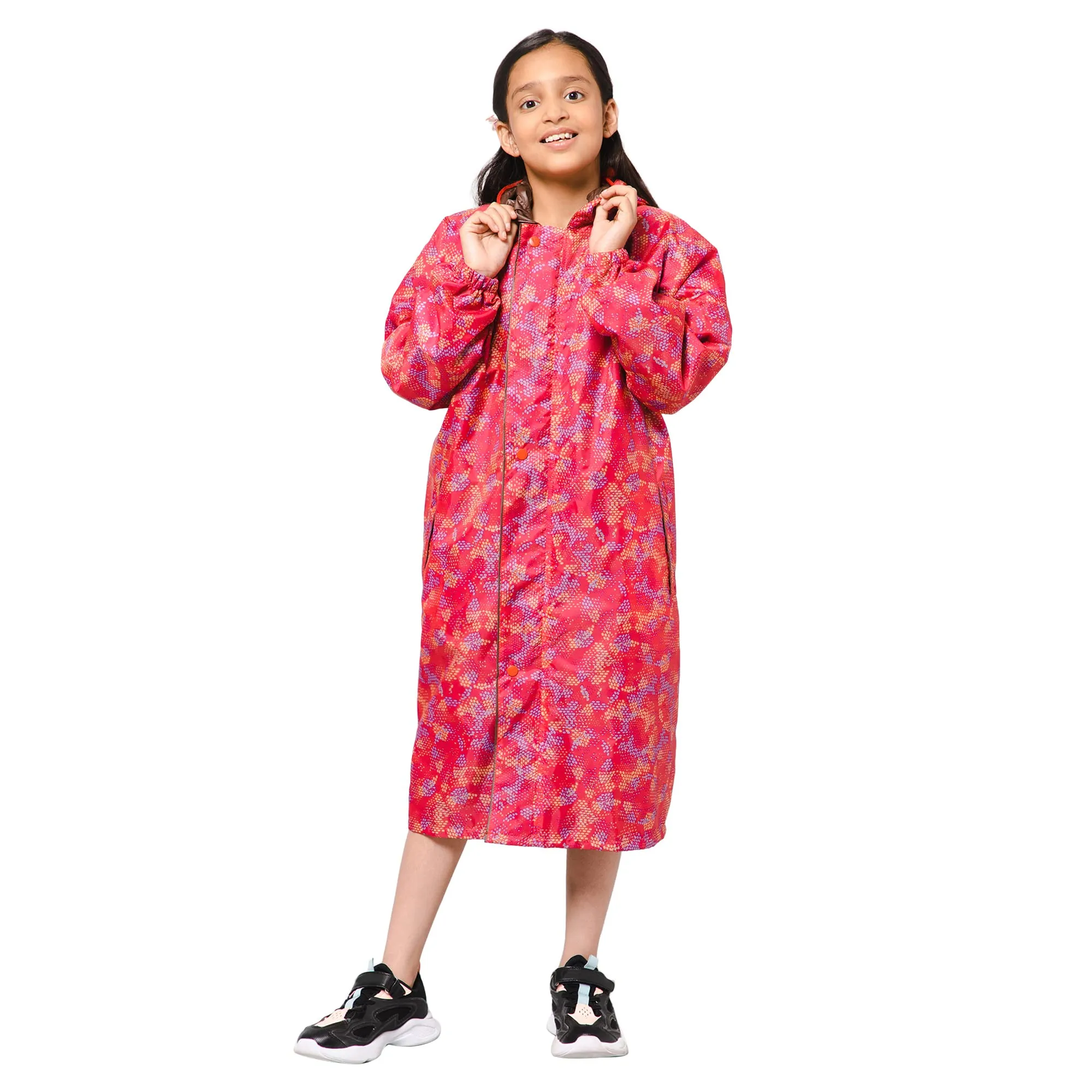 THE CLOWNFISH Splash Squad Series Kids Raincoat Waterproof Polyester Double Coating Reversible Longcoat with Hood and Reflector Logo at Back. Printed Plastic Pouch. Kid Age-11-12 years (Rose Red)