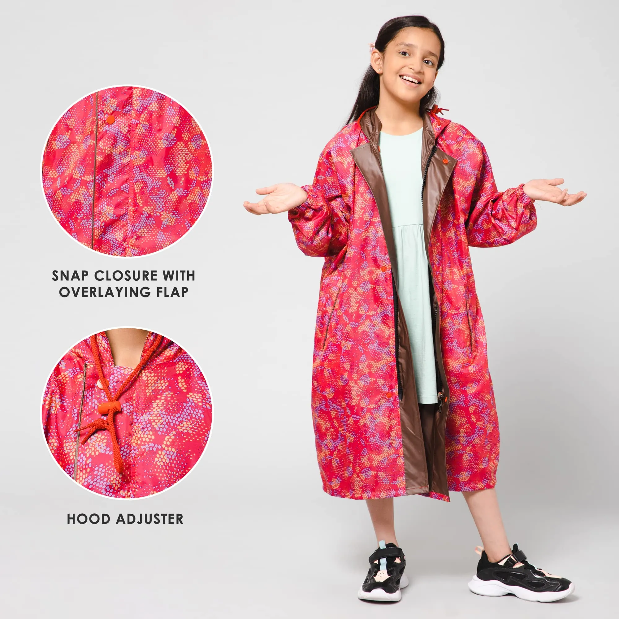 THE CLOWNFISH Splash Squad Series Kids Raincoat Waterproof Polyester Double Coating Reversible Longcoat with Hood and Reflector Logo at Back. Printed Plastic Pouch. Kid Age-11-12 years (Rose Red)