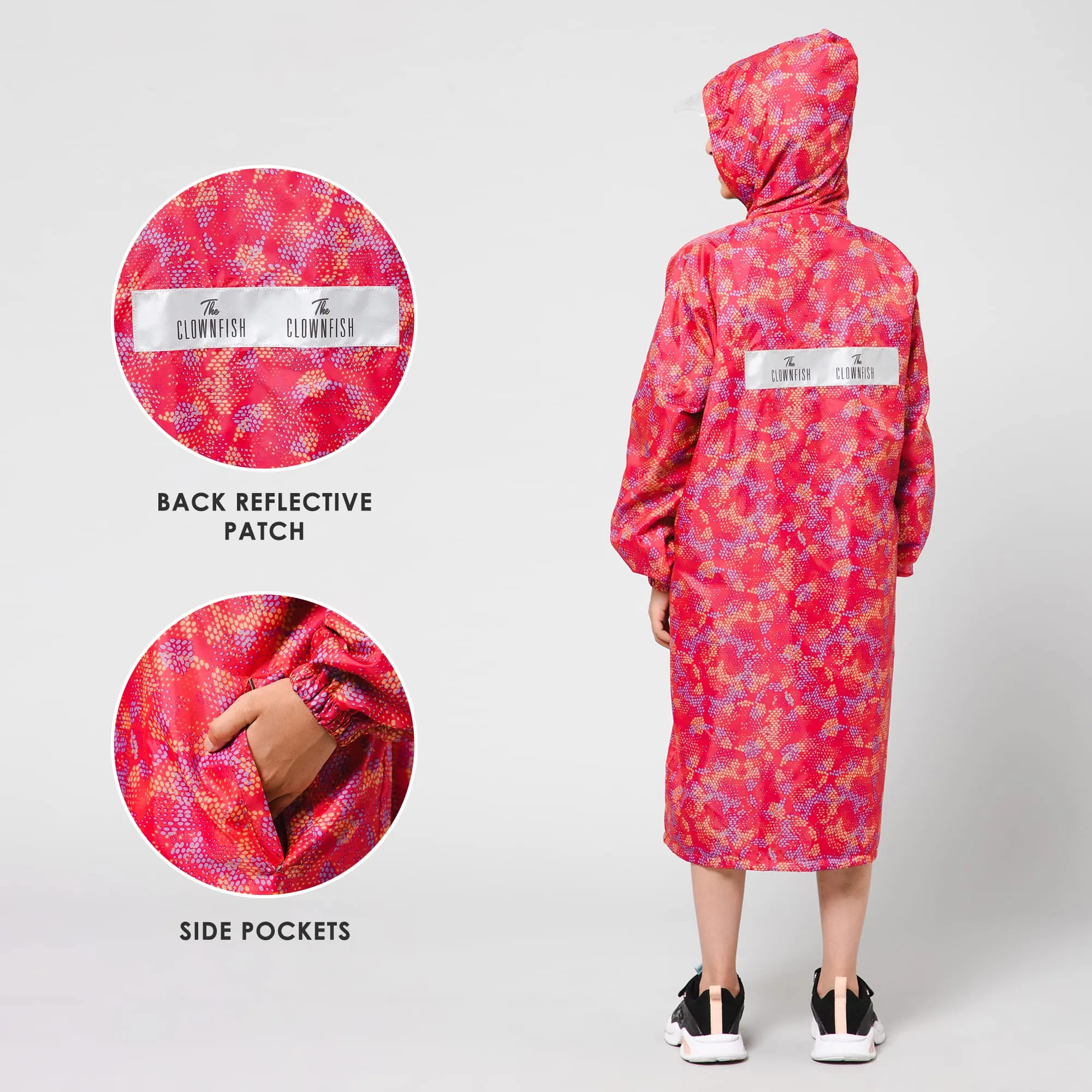 THE CLOWNFISH Splash Squad Series Kids Raincoat Waterproof Polyester Double Coating Reversible Longcoat with Hood and Reflector Logo at Back. Printed Plastic Pouch. Kid Age-11-12 years (Rose Red)