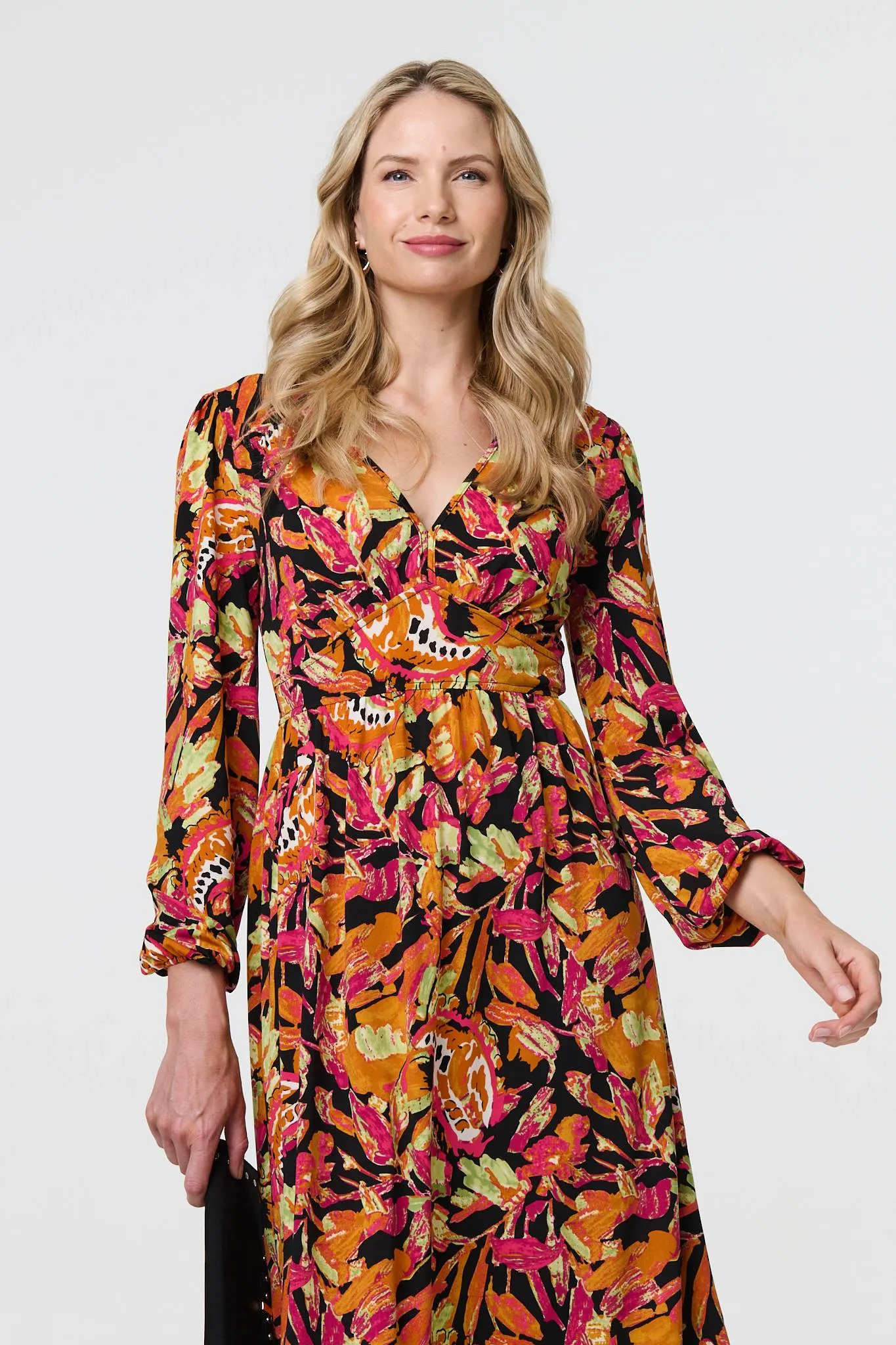 Tropical Floral Print Long Sleeve Midi Dress