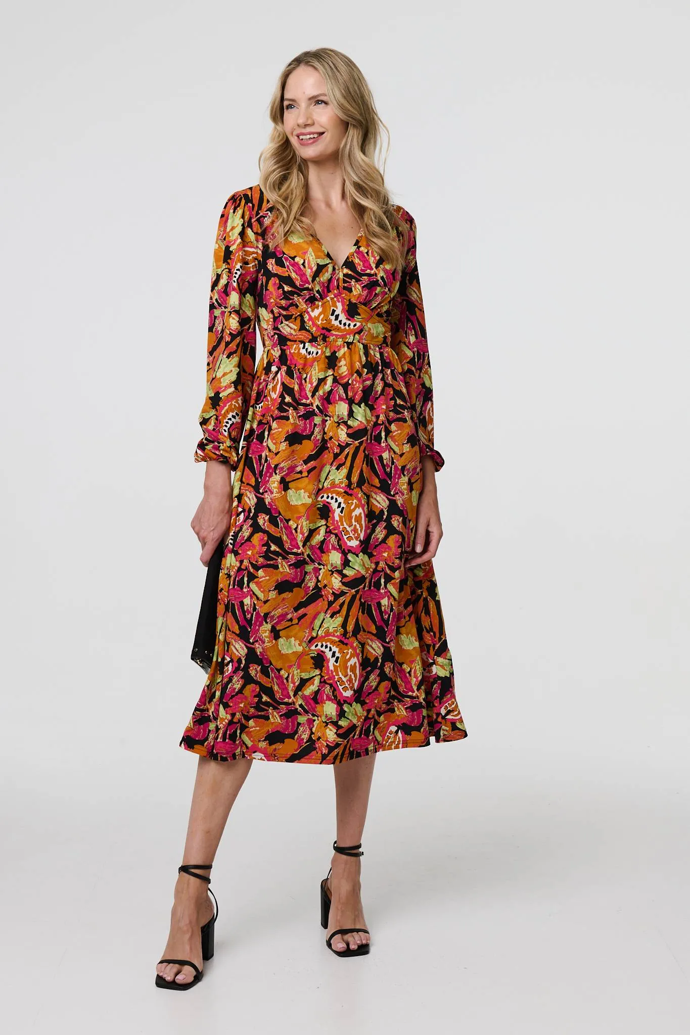 Tropical Floral Print Long Sleeve Midi Dress