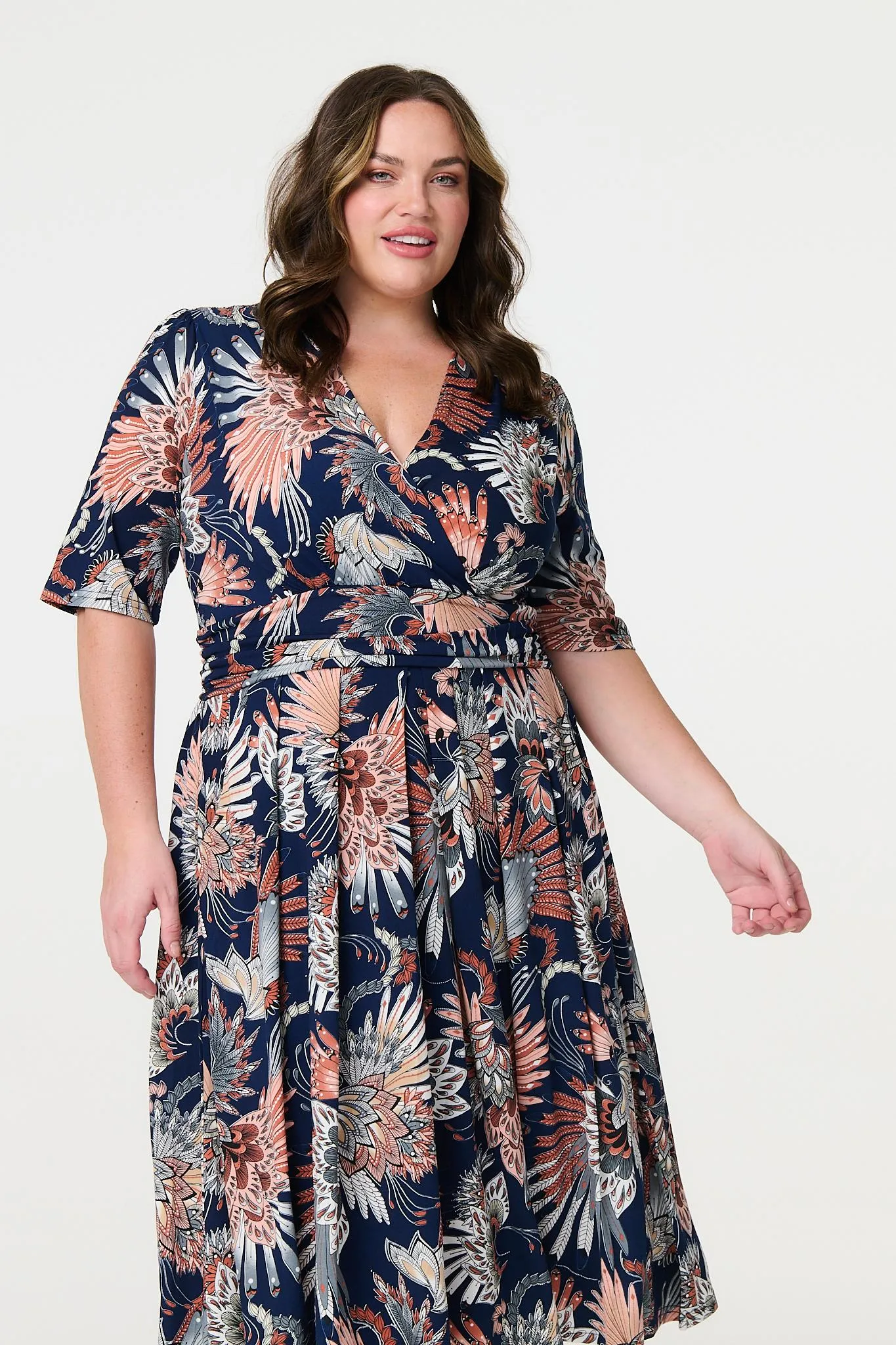 Tropical Print 1/2 Sleeve Midi Wrap Dress